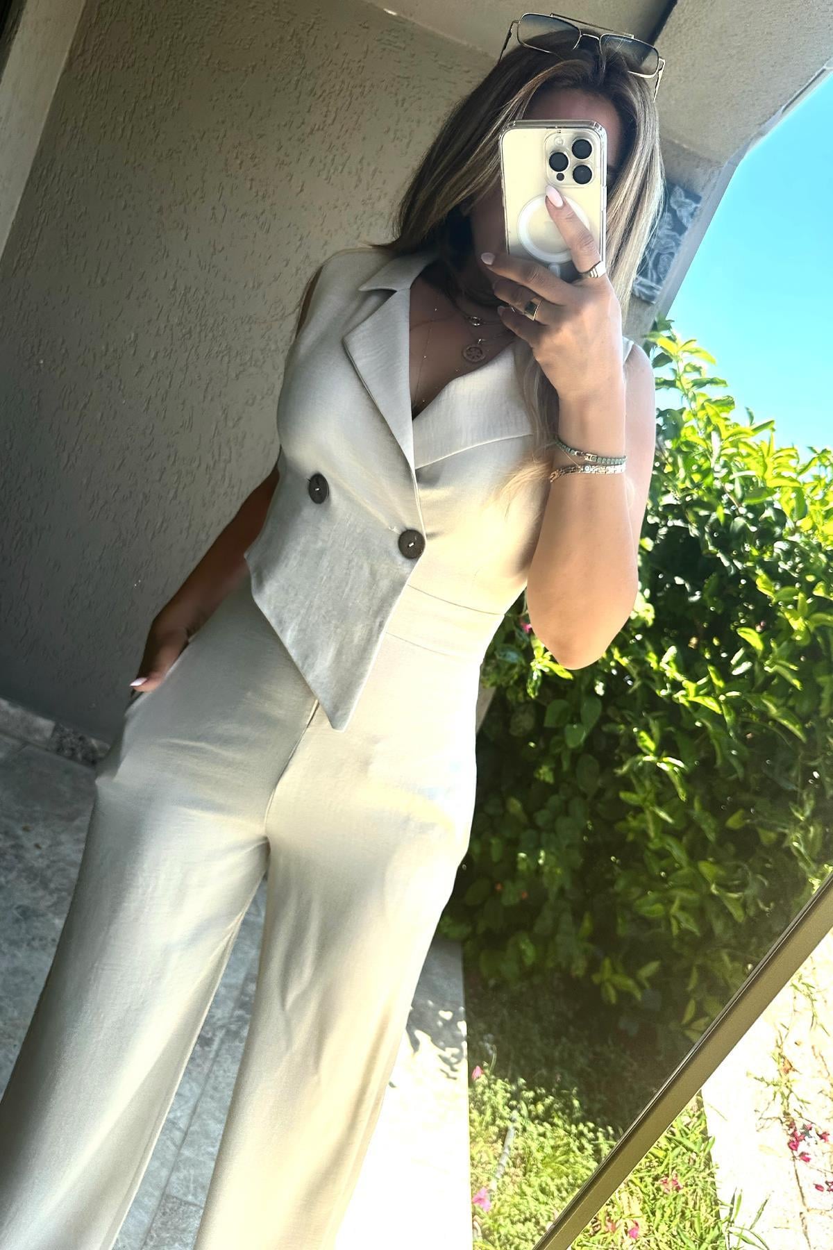 Kruvaze İki Düğmeli Tulum Taş
