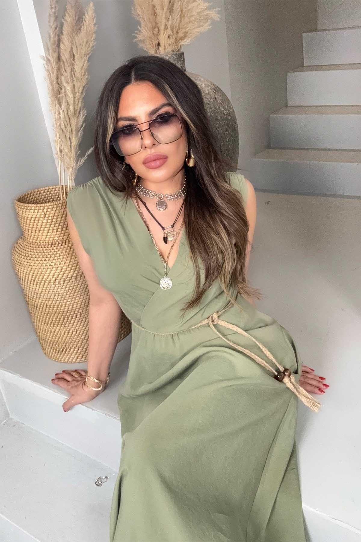 Kruvaze Kolsuz Hasır Örme İp Detay Elbise Haki