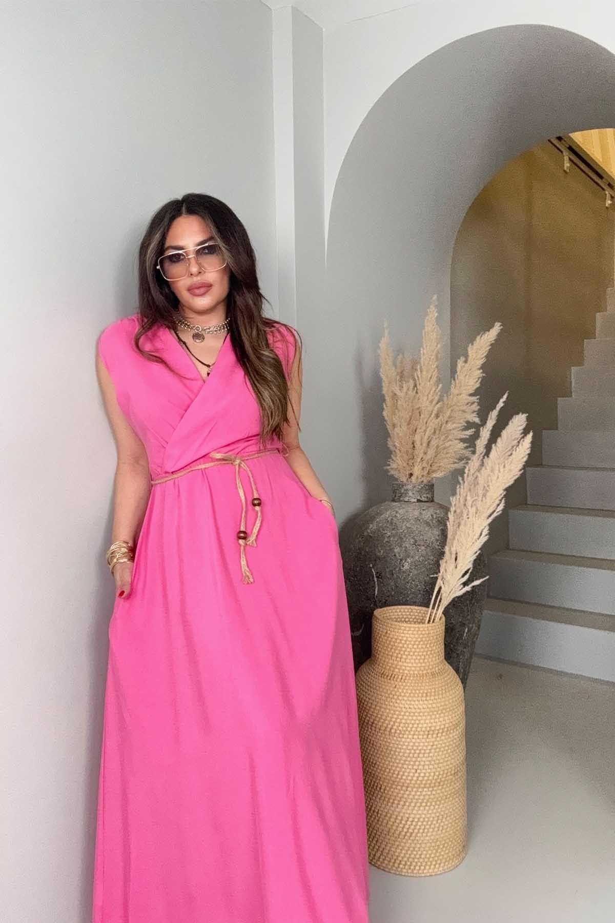 Kruvaze Kolsuz Hasır Örme İp Detay Elbise Pembe