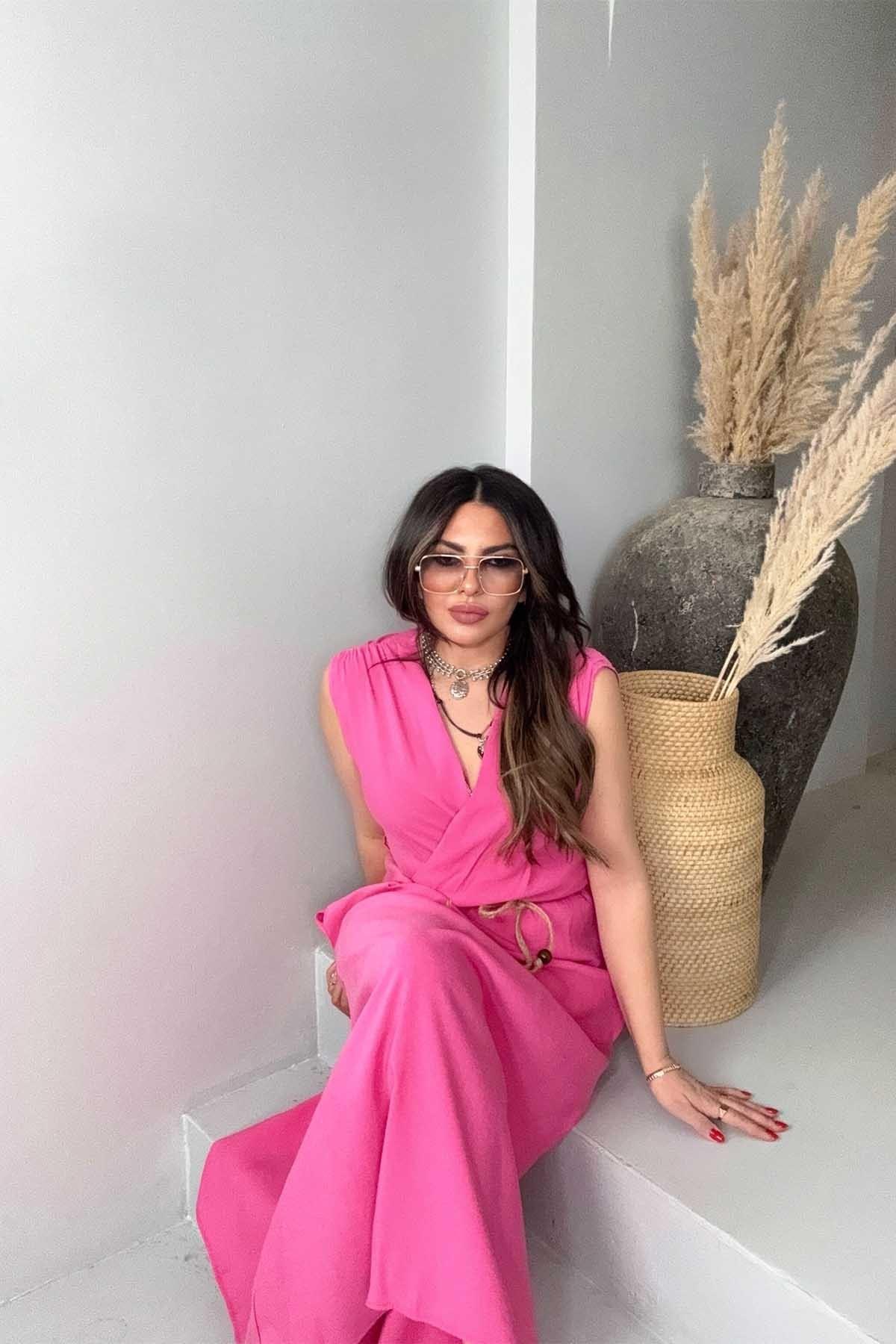 Kruvaze Kolsuz Hasır Örme İp Detay Elbise Pembe