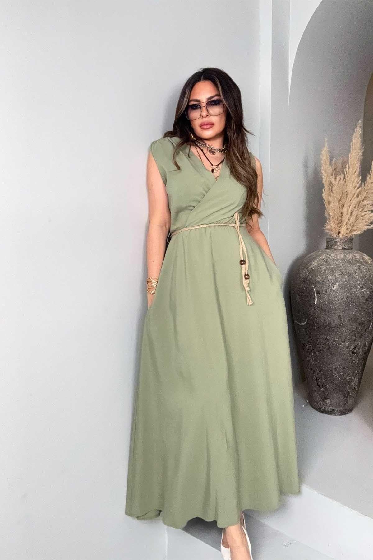 Kruvaze Kolsuz Hasır Örme İp Detay Elbise Haki