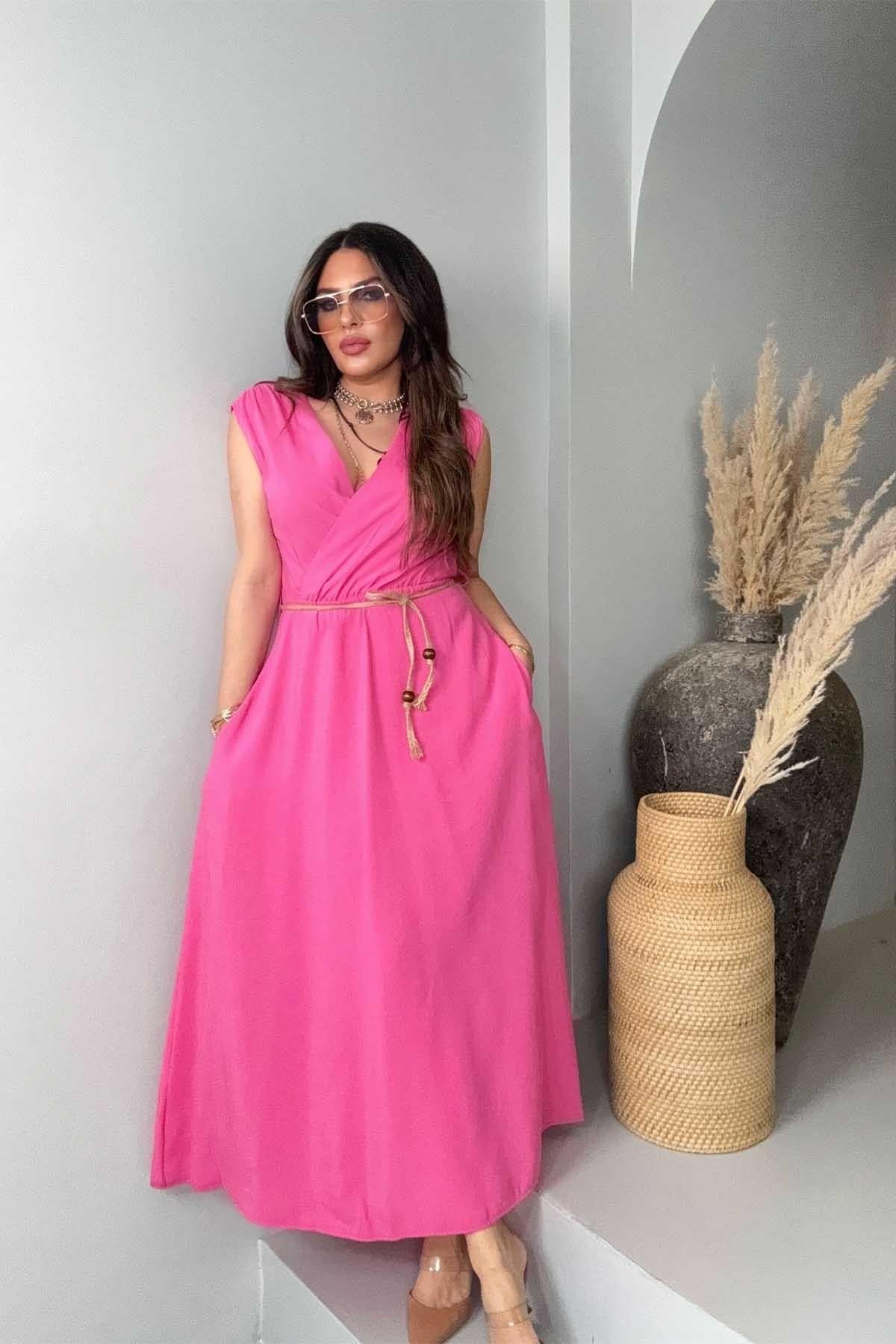 Kruvaze Kolsuz Hasır Örme İp Detay Elbise Pembe