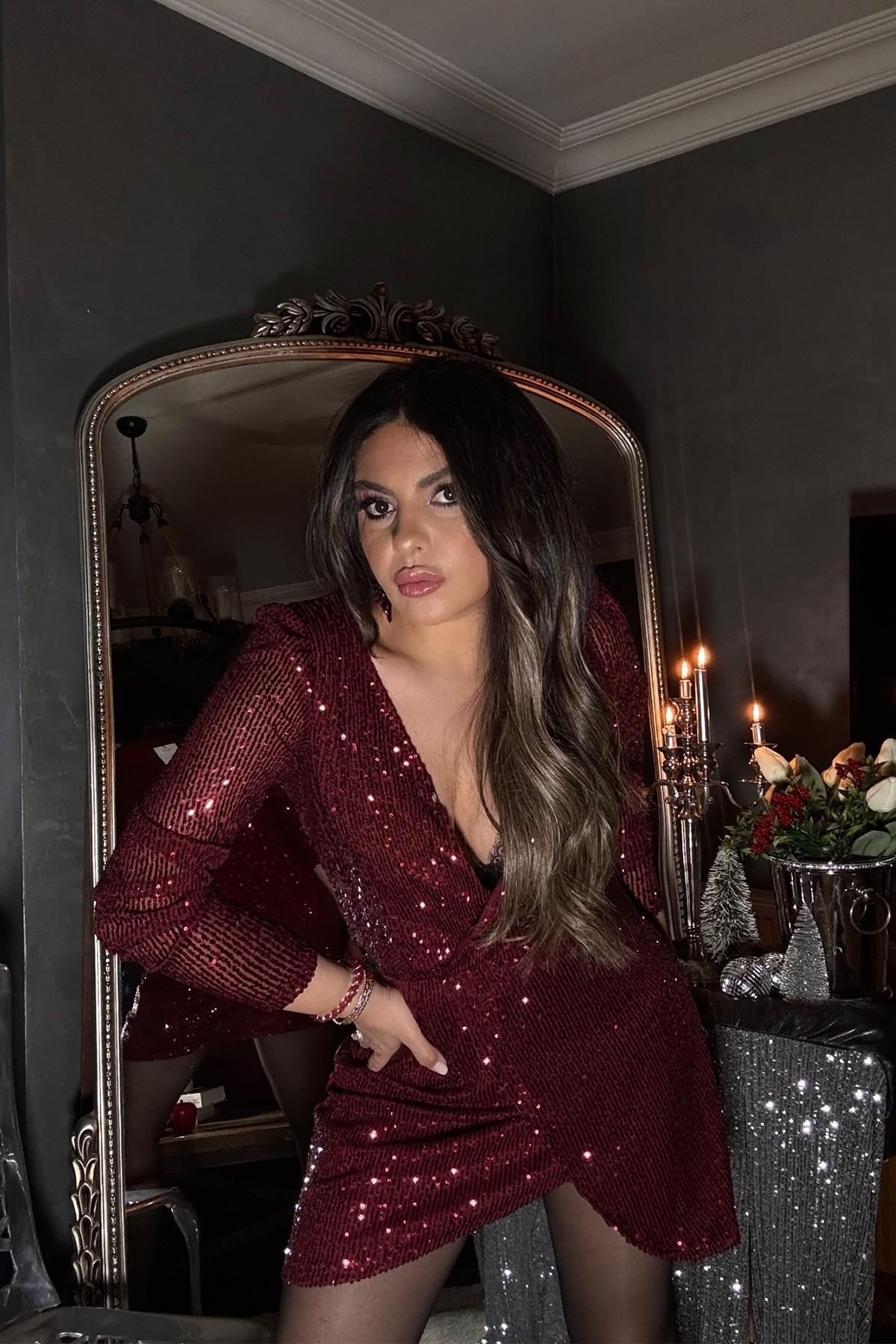 Kruvaze Payet Elbise Bordo