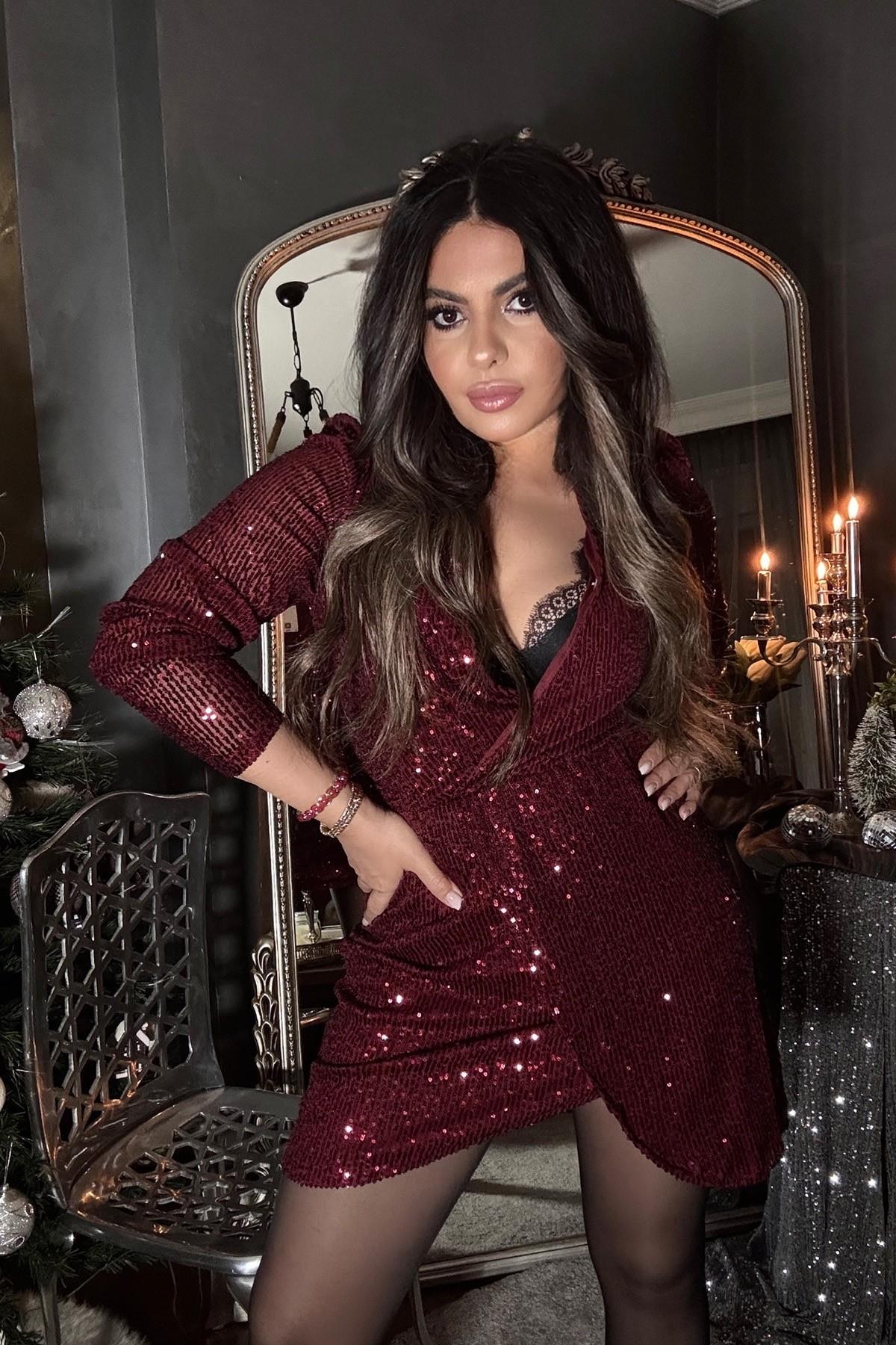 Kruvaze Payet Elbise Bordo