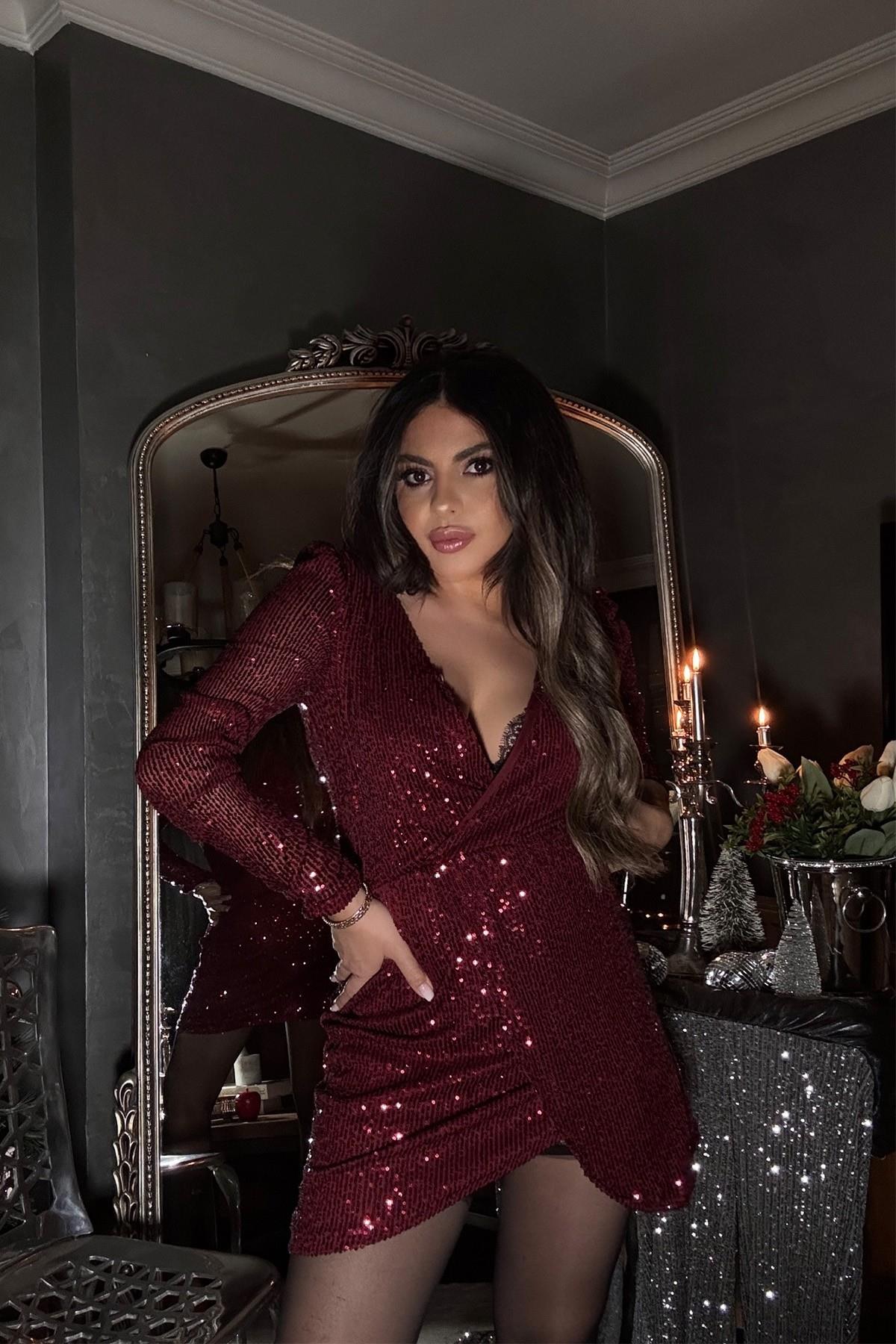 Kruvaze Payet Elbise Bordo