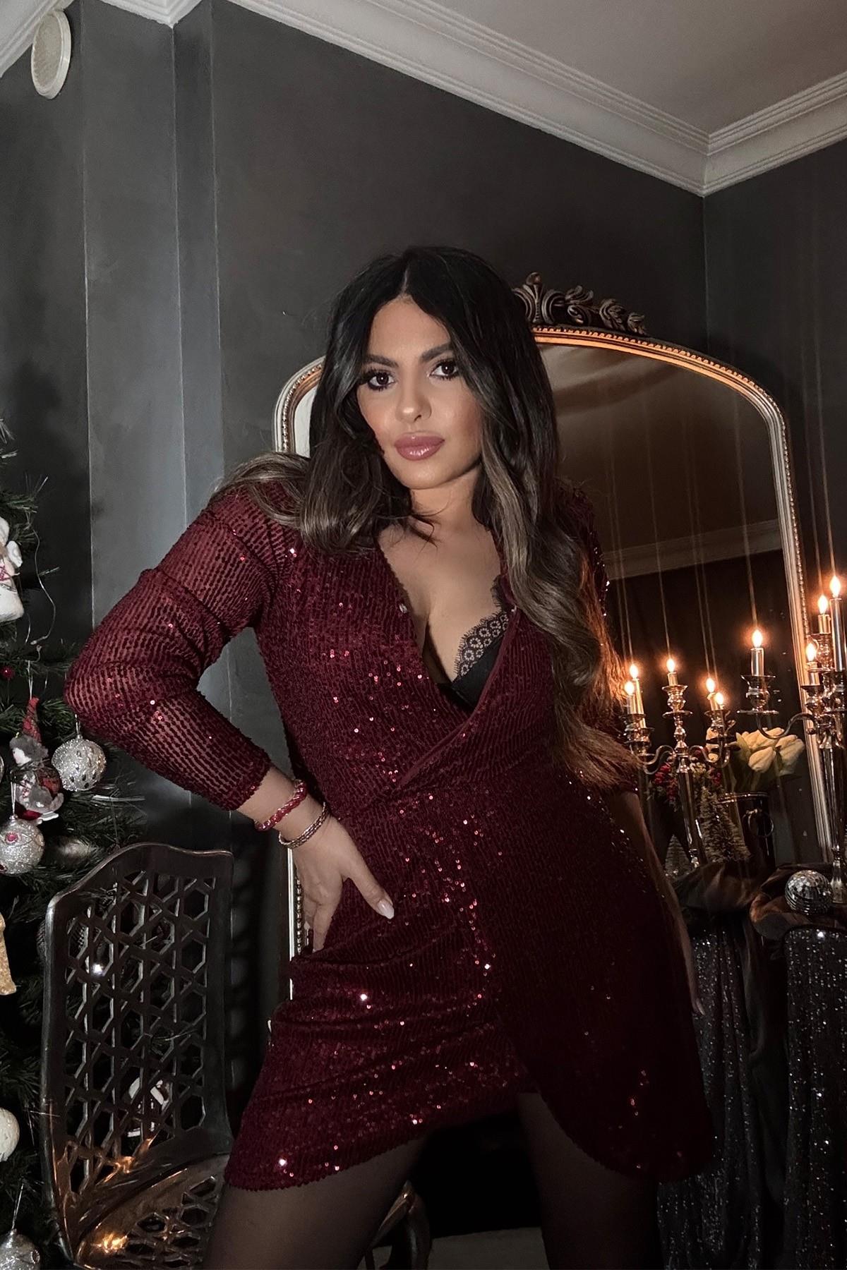 Kruvaze Payet Elbise Bordo