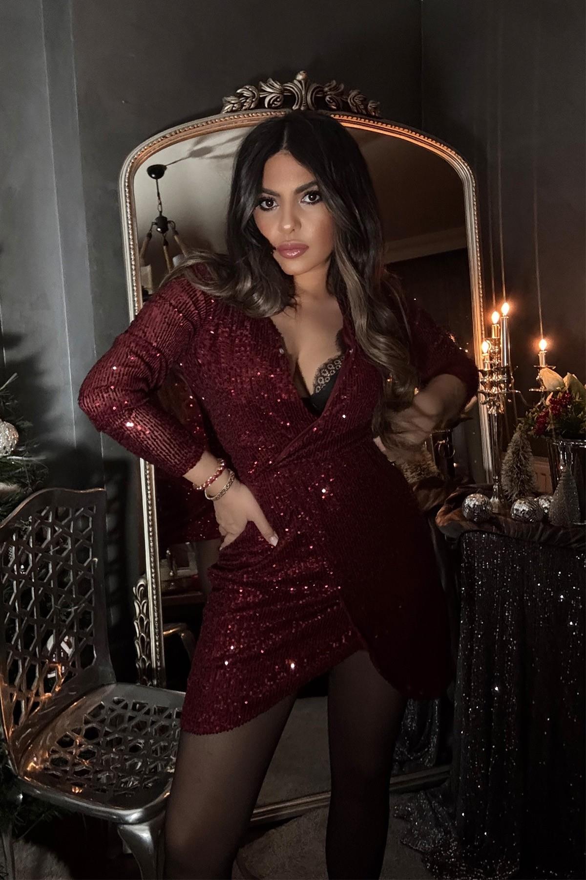 Kruvaze Payet Elbise Bordo