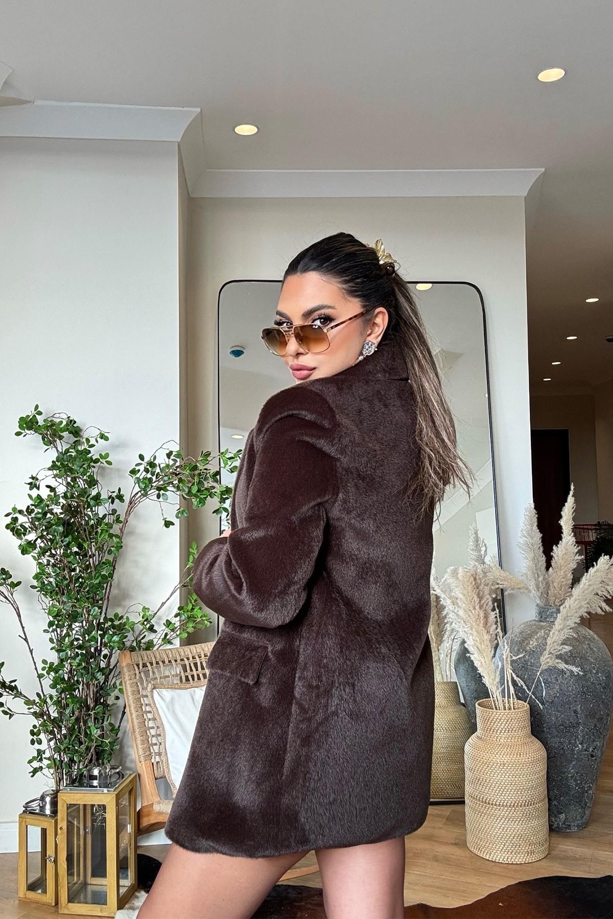 Kürk Efekt Blazer Ceket Acı Kahve