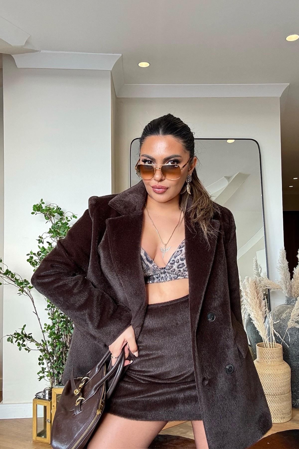 Kürk Efekt Blazer Ceket Acı Kahve
