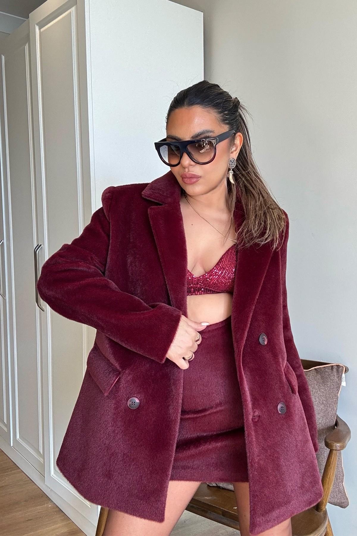 Kürk Efekt Blazer Ceket Bordo