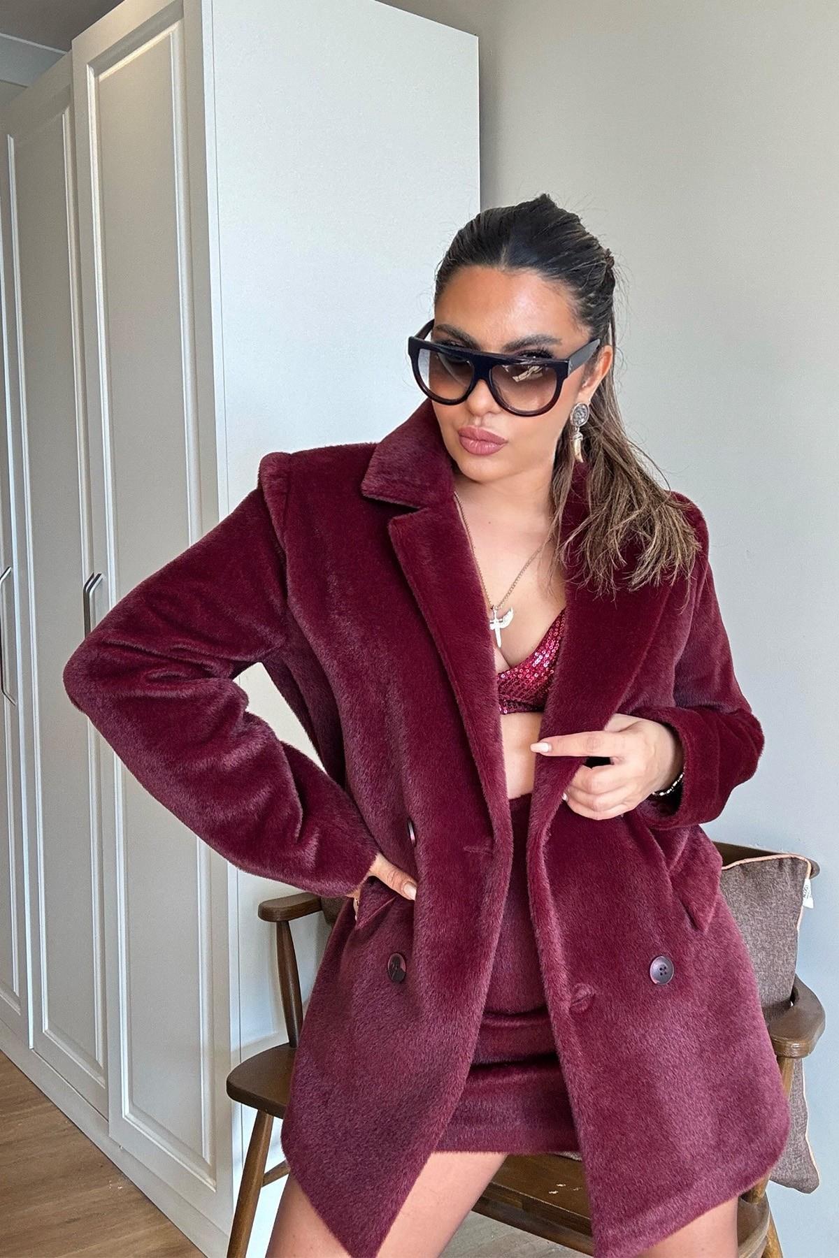 Kürk Efekt Blazer Ceket Bordo