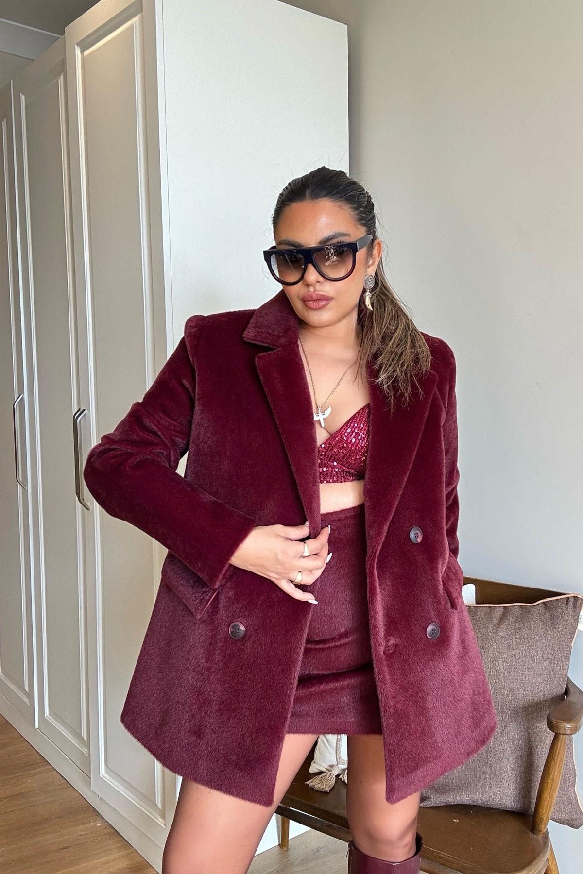 Kürk Efekt Blazer Ceket Bordo