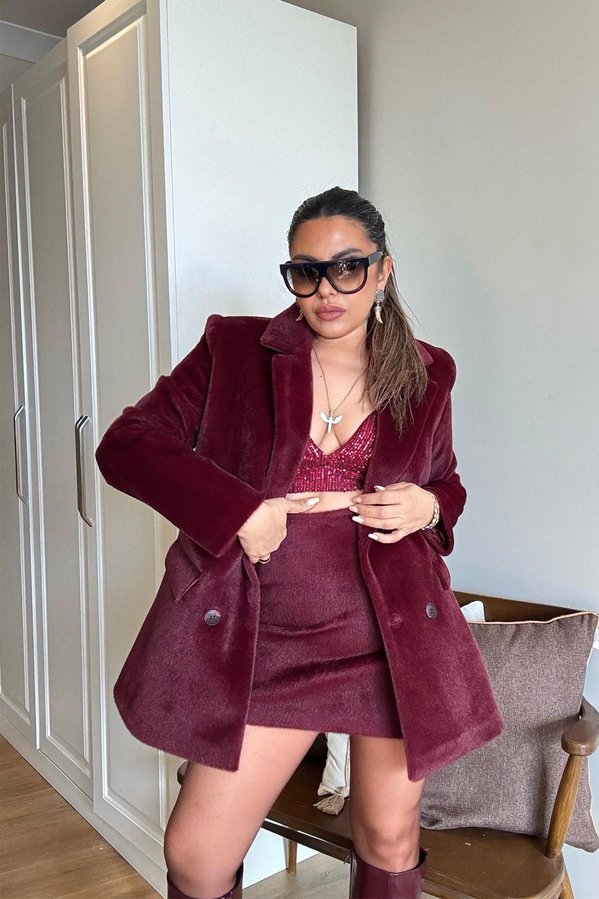 Kürk Efekt Blazer Ceket Bordo