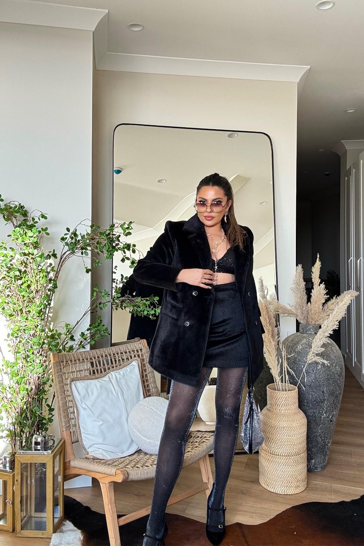 Kürk Efekt Blazer Ceket Siyah