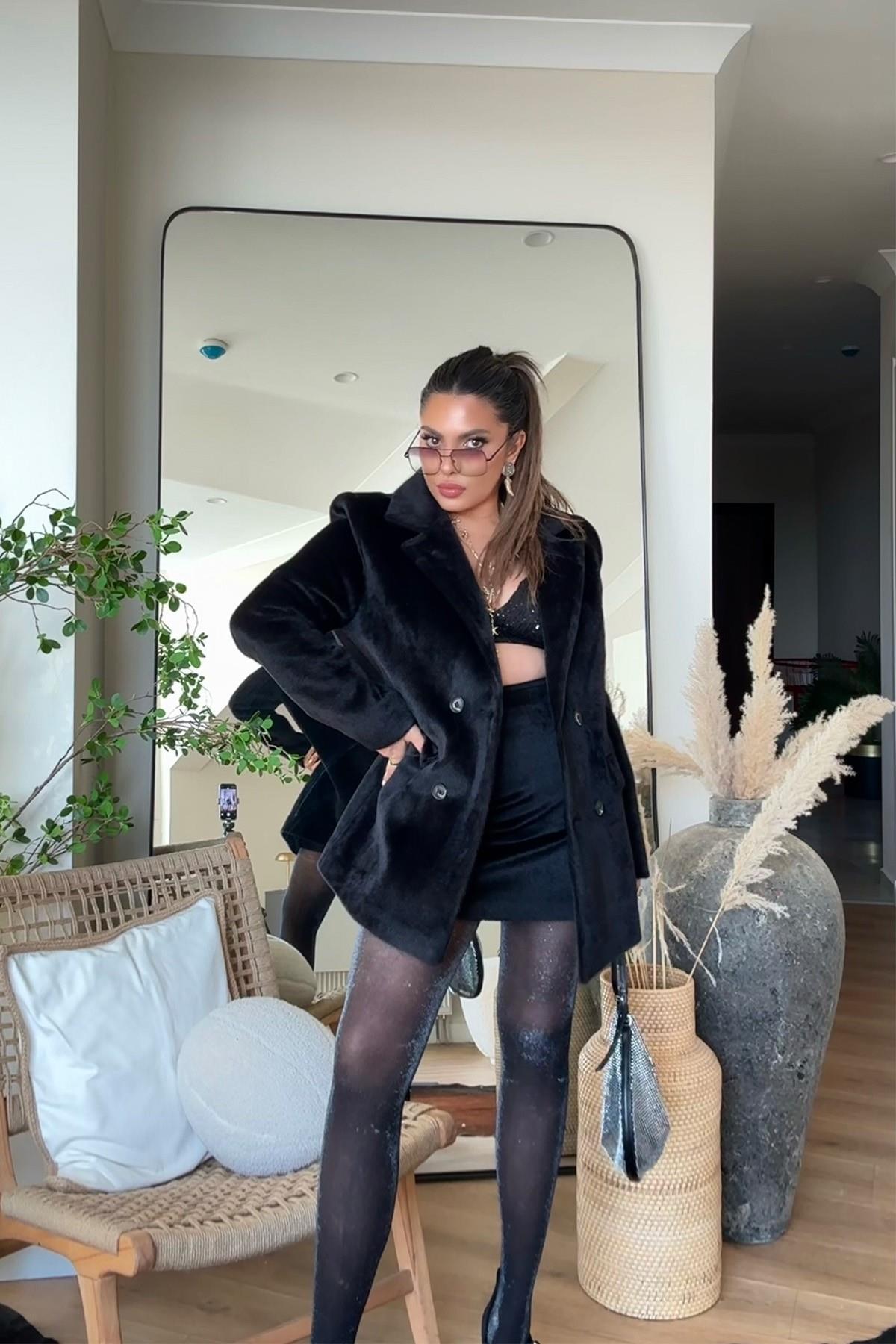 Kürk Efekt Blazer Ceket Siyah