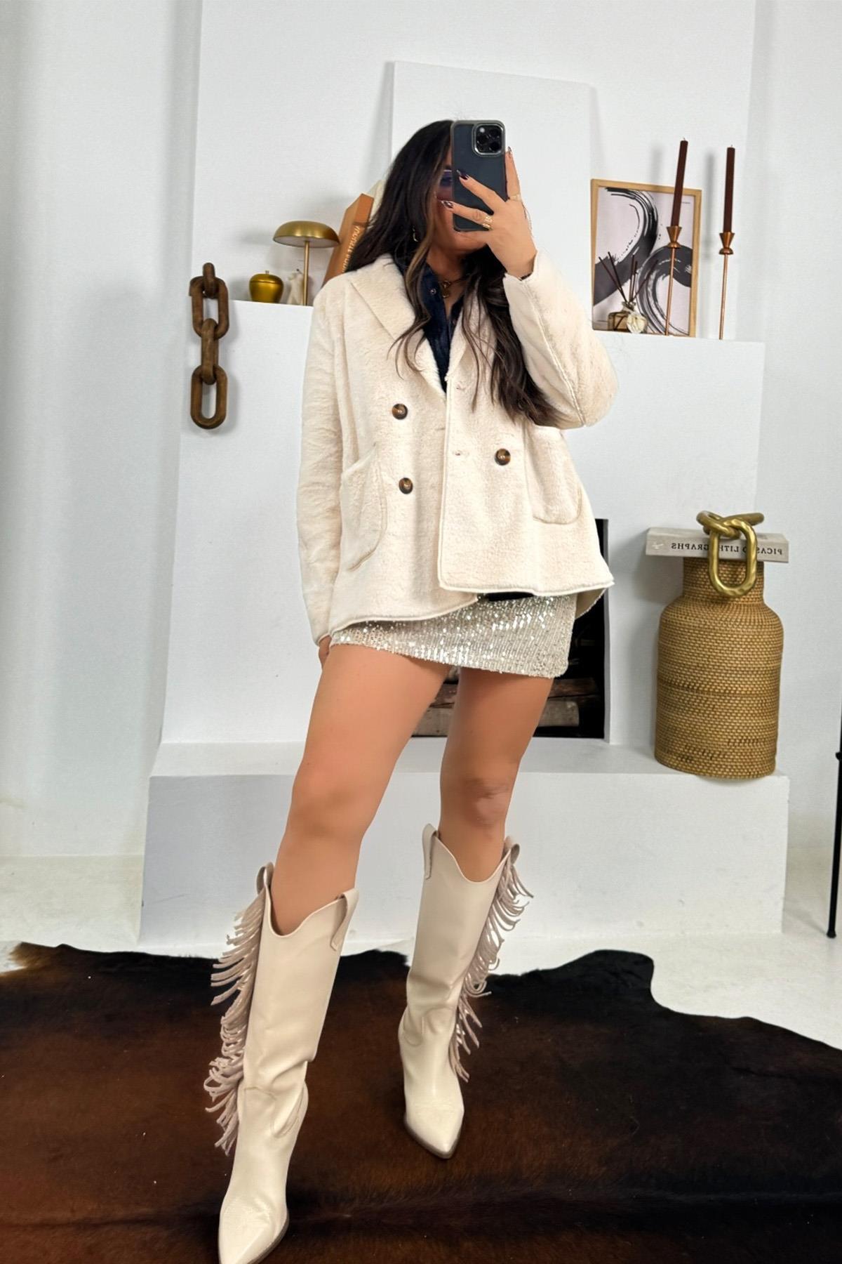 Kürk Kruvaze Blazer Ceket Taş
