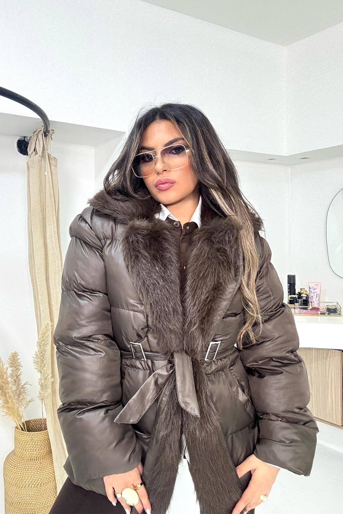 Kürklü Şişme Mont Acı Kahve