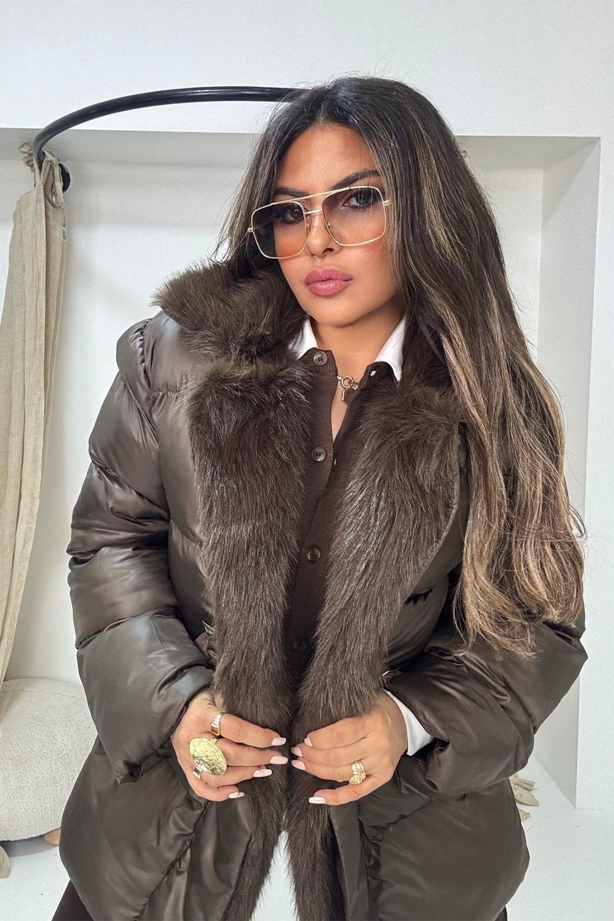 Kürklü Şişme Mont Acı Kahve