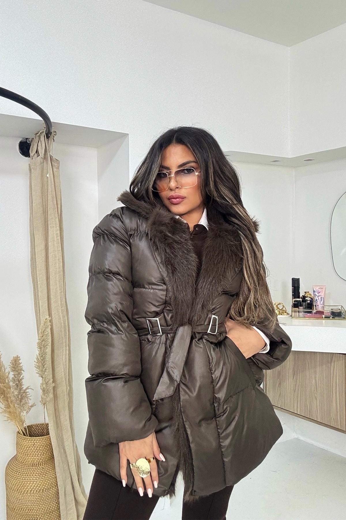 Kürklü Şişme Mont Acı Kahve