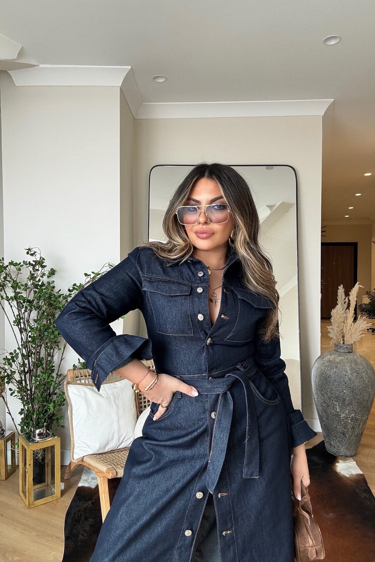 Kuşaklı Jean Gömlek Elbise Lacivert