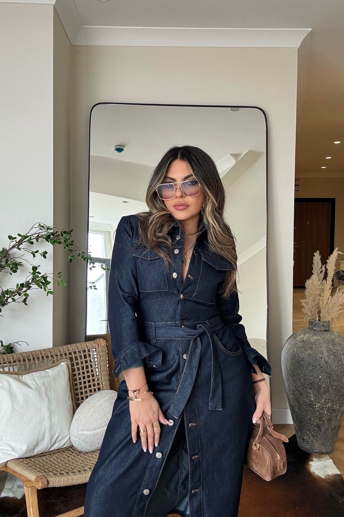 Kuşaklı Jean Gömlek Elbise Lacivert