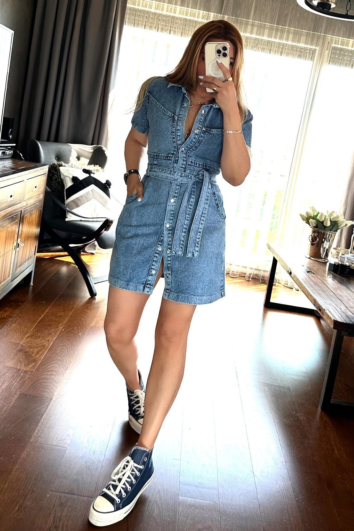 Kuşaklı Mini Jean Elbise Mavi