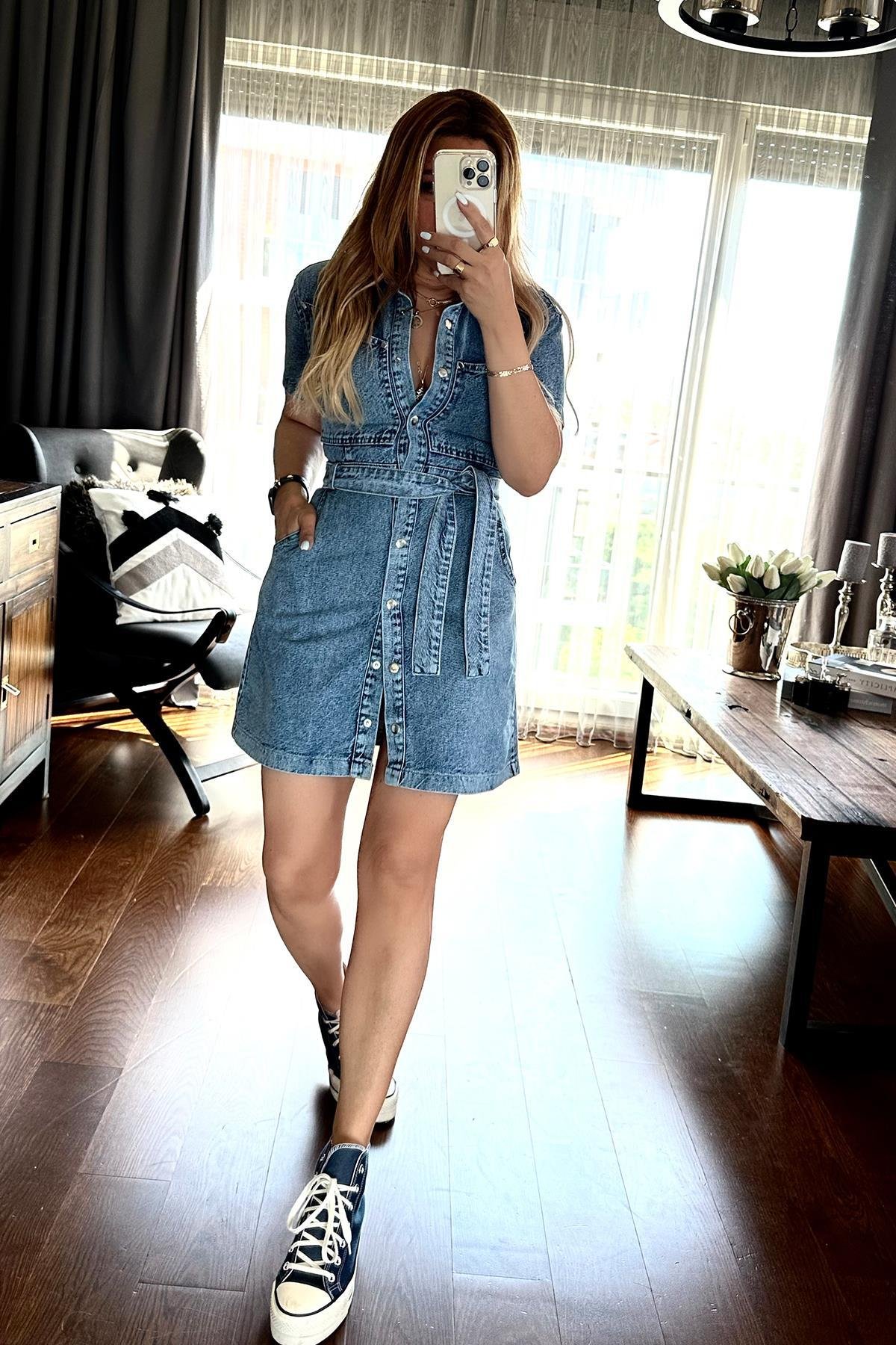 Kuşaklı Mini Jean Elbise Mavi