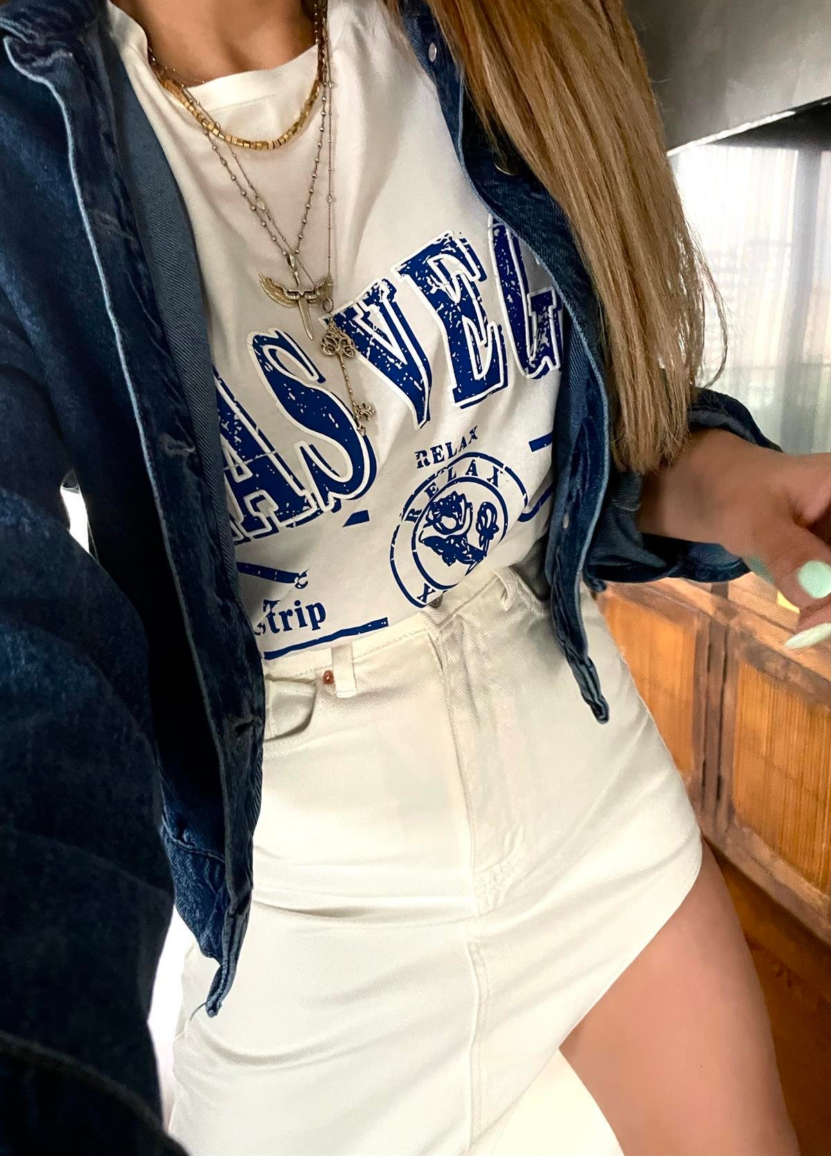 Las Vegas Baskılı Tshirt Ekru