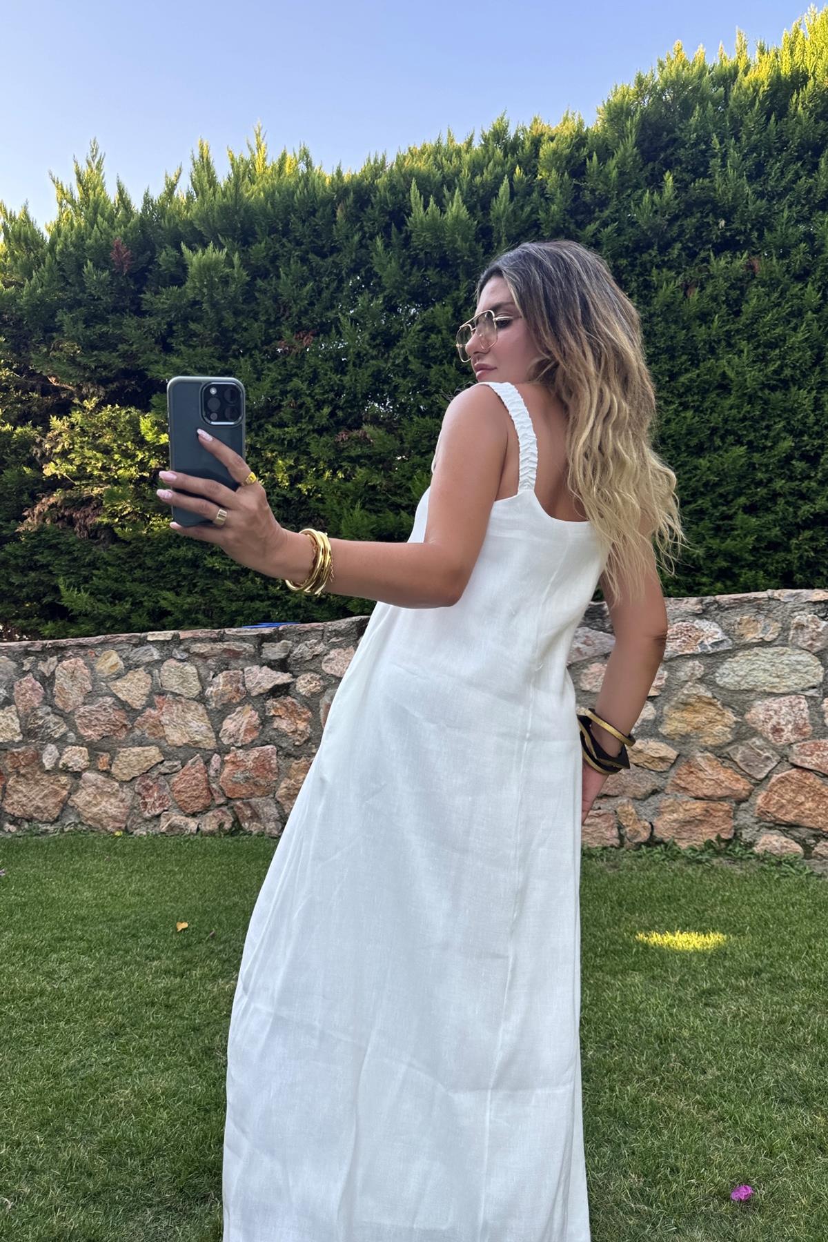 Lastik Askılı V Yaka Elbise Ekru