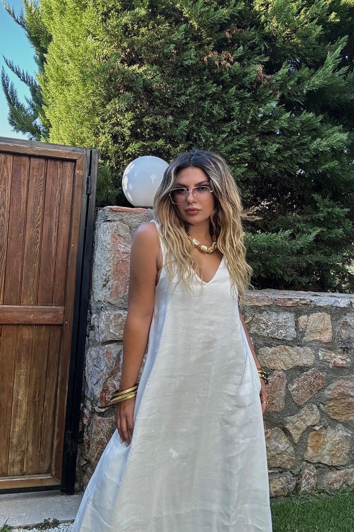 Lastik Askılı V Yaka Elbise Ekru