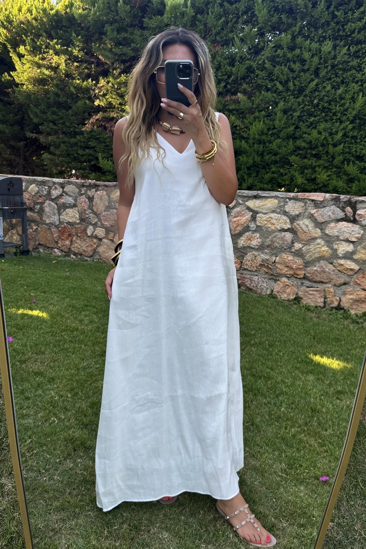 Lastik Askılı V Yaka Elbise Ekru