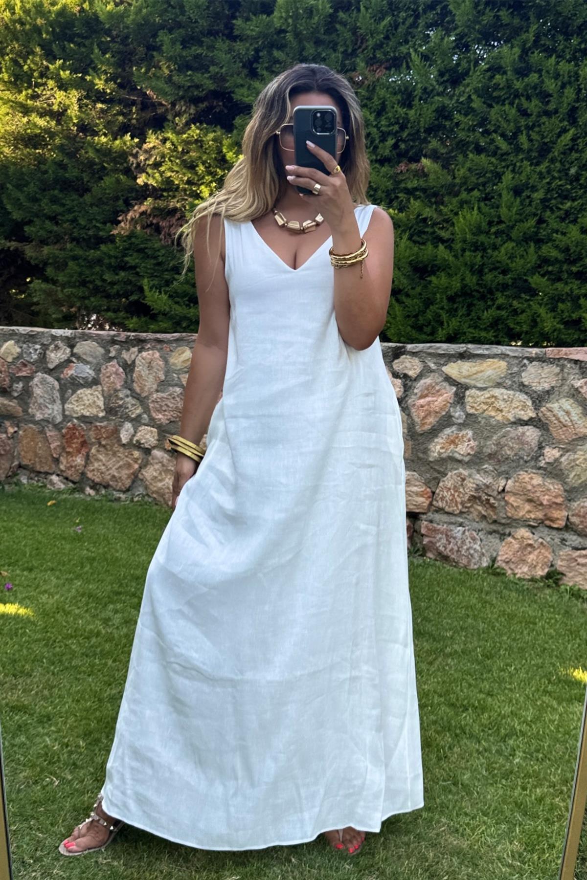 Lastik Askılı V Yaka Elbise Ekru