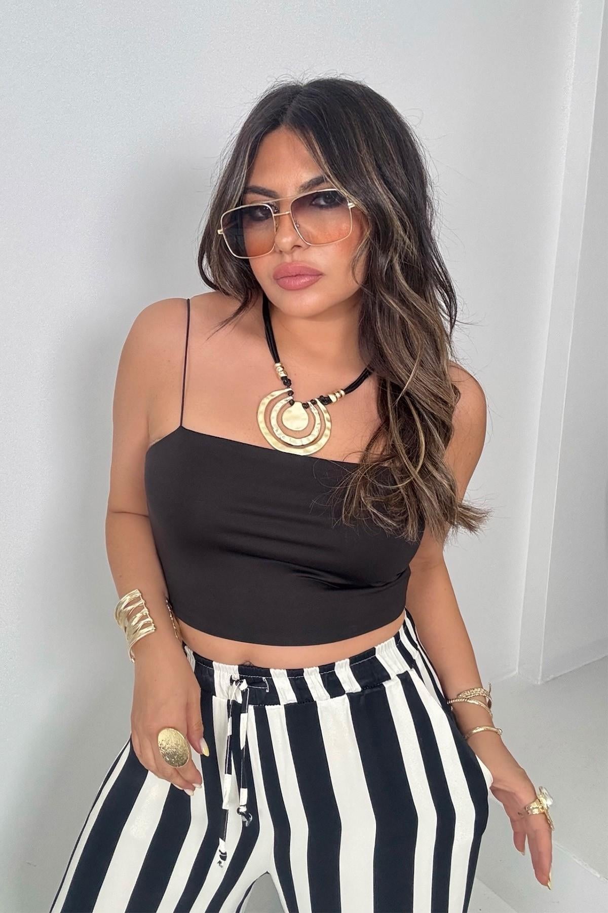 Lastik İp Askılı Mayo Kumaş Crop Siyah