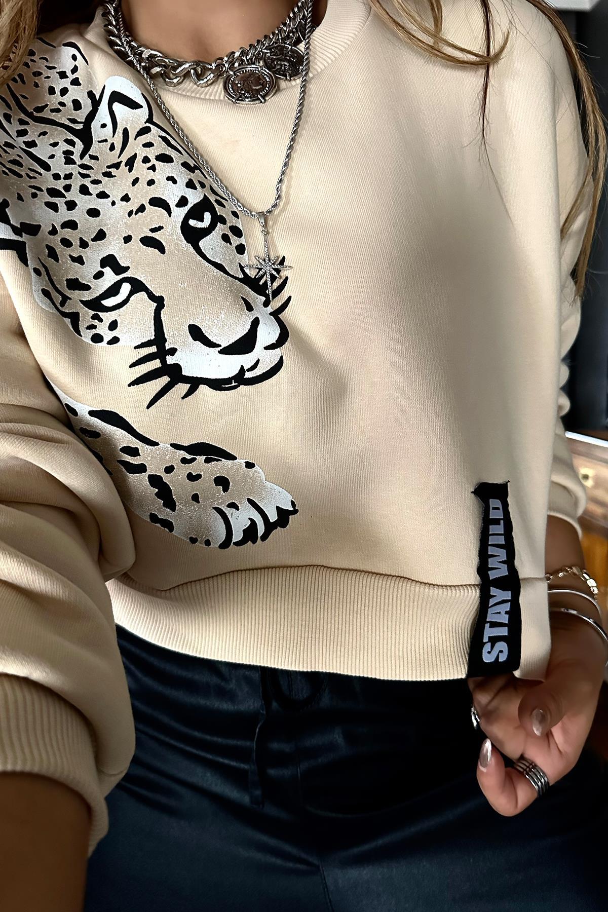 Leopar Baskılı Crop Sweat Krem