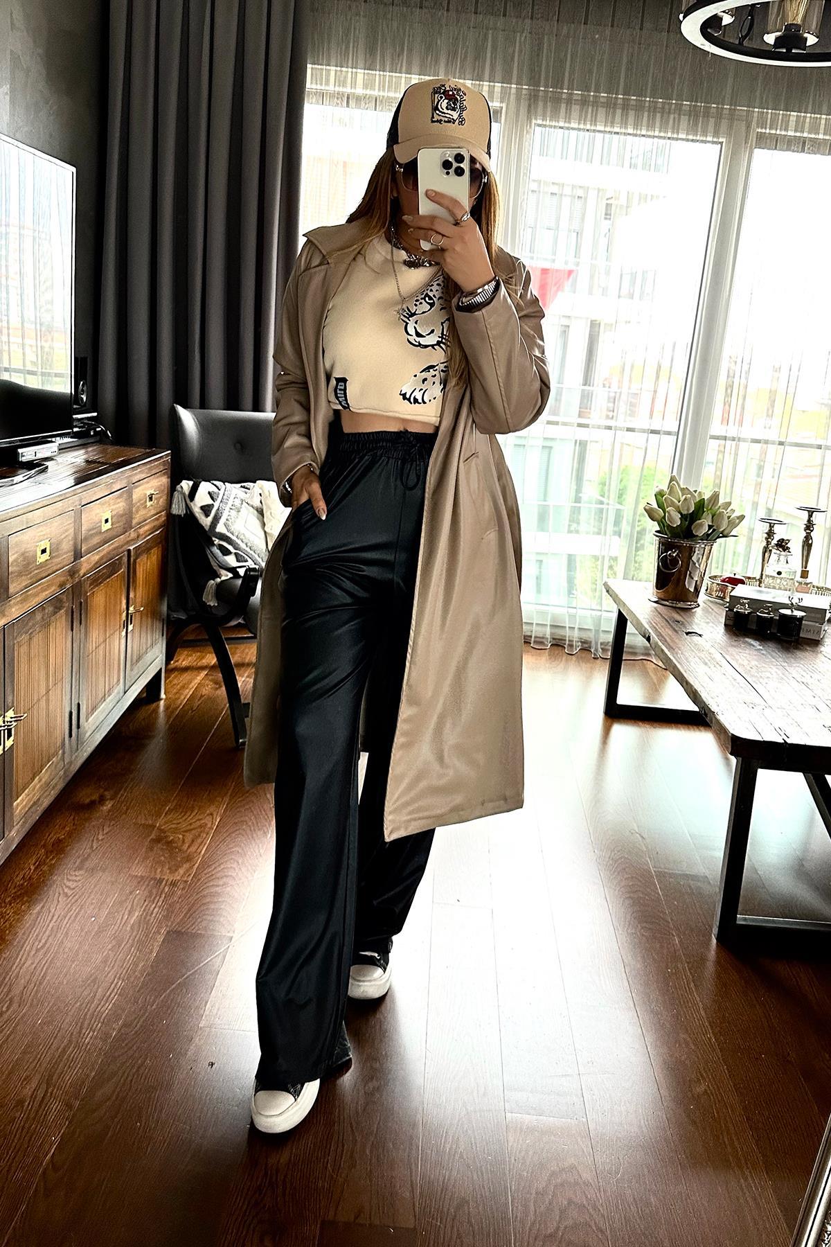 Leopar Baskılı Crop Sweat Krem
