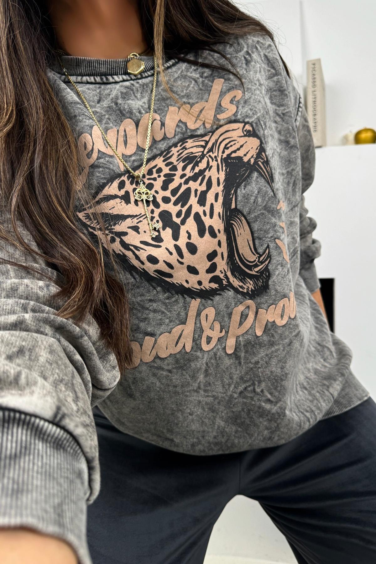 Leopar Baskılı Sweatshirt Gri