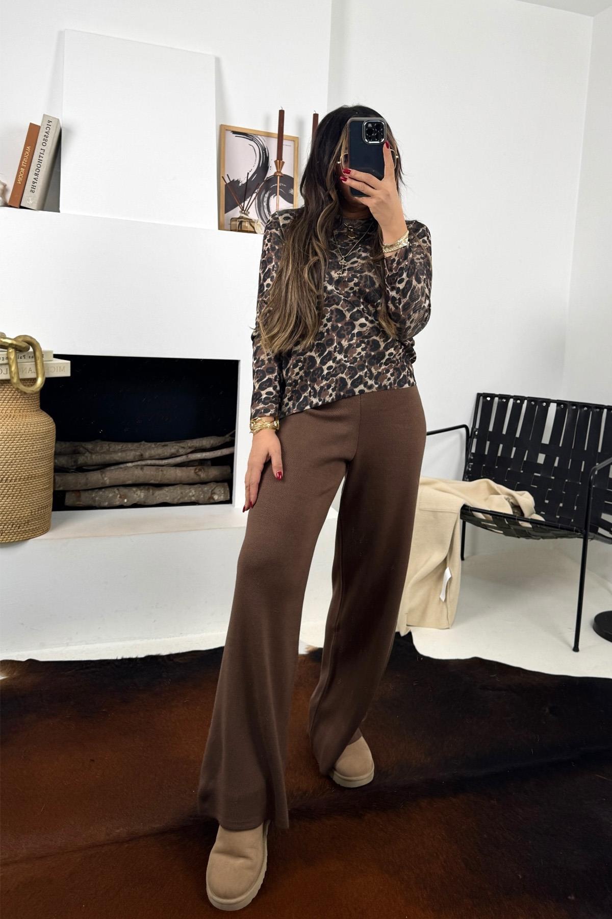 Leopar Desen Basic Triko Acı Kahve
