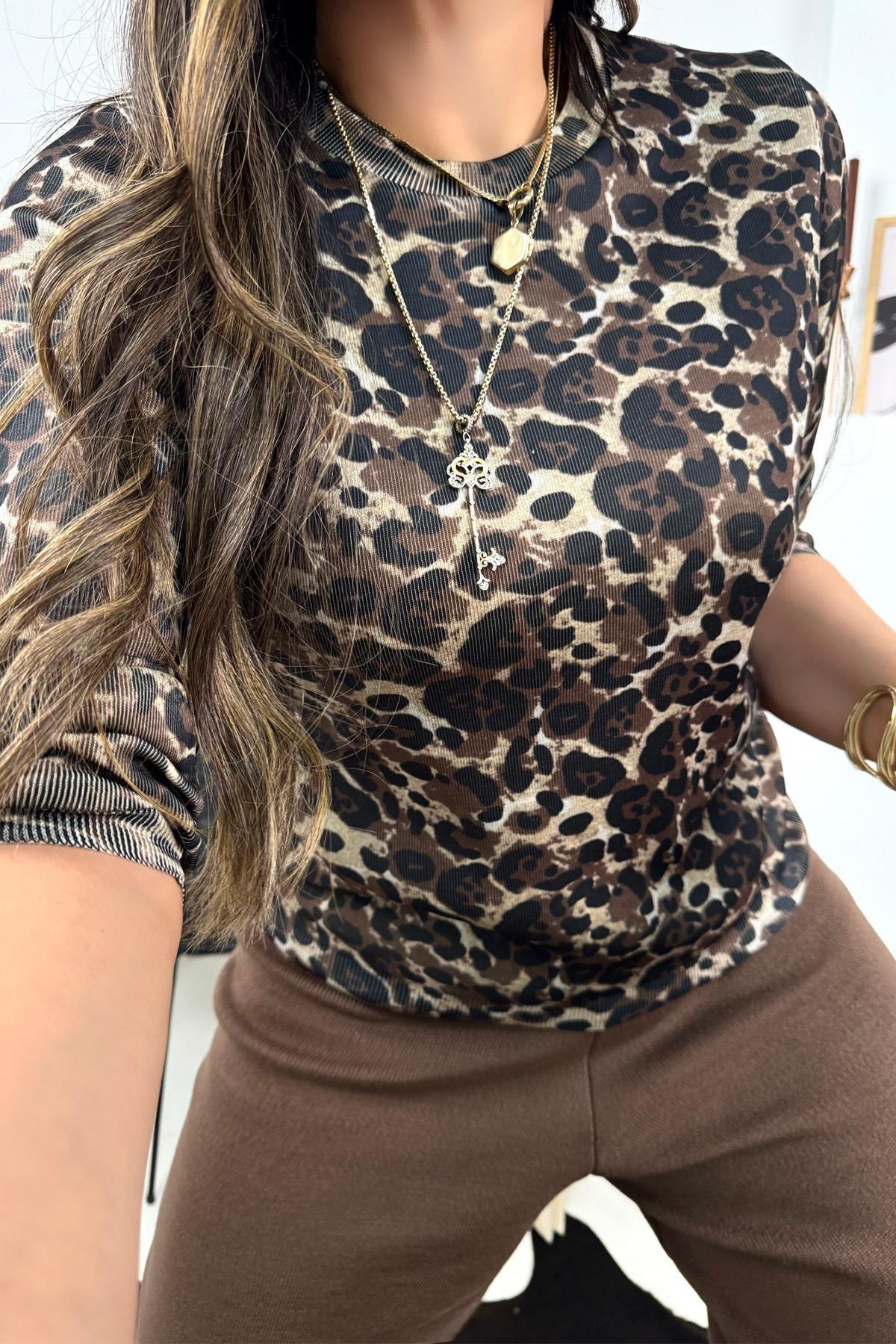 Leopar Desen Basic Triko Acı Kahve