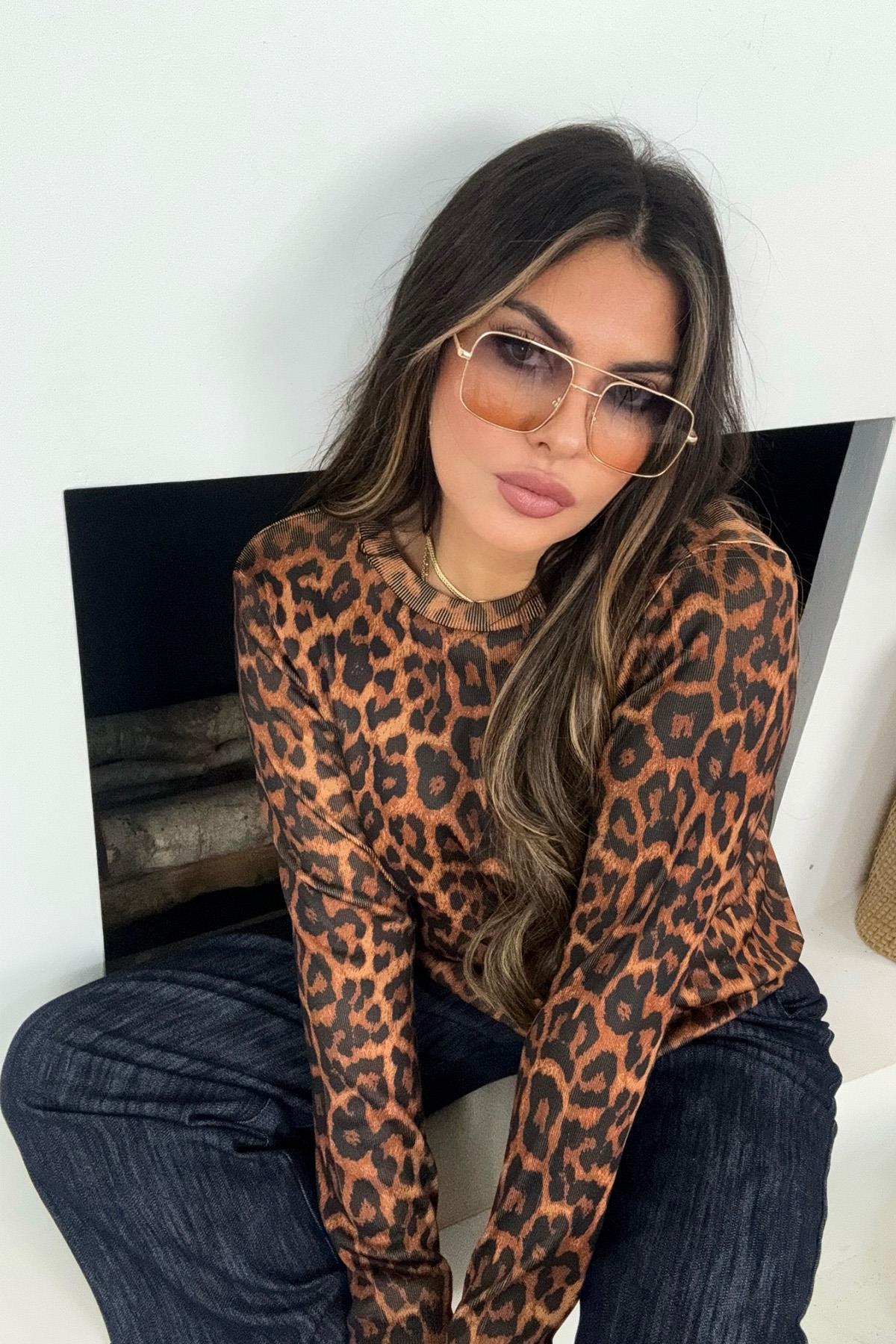 Leopar Desen Basic Triko Taba