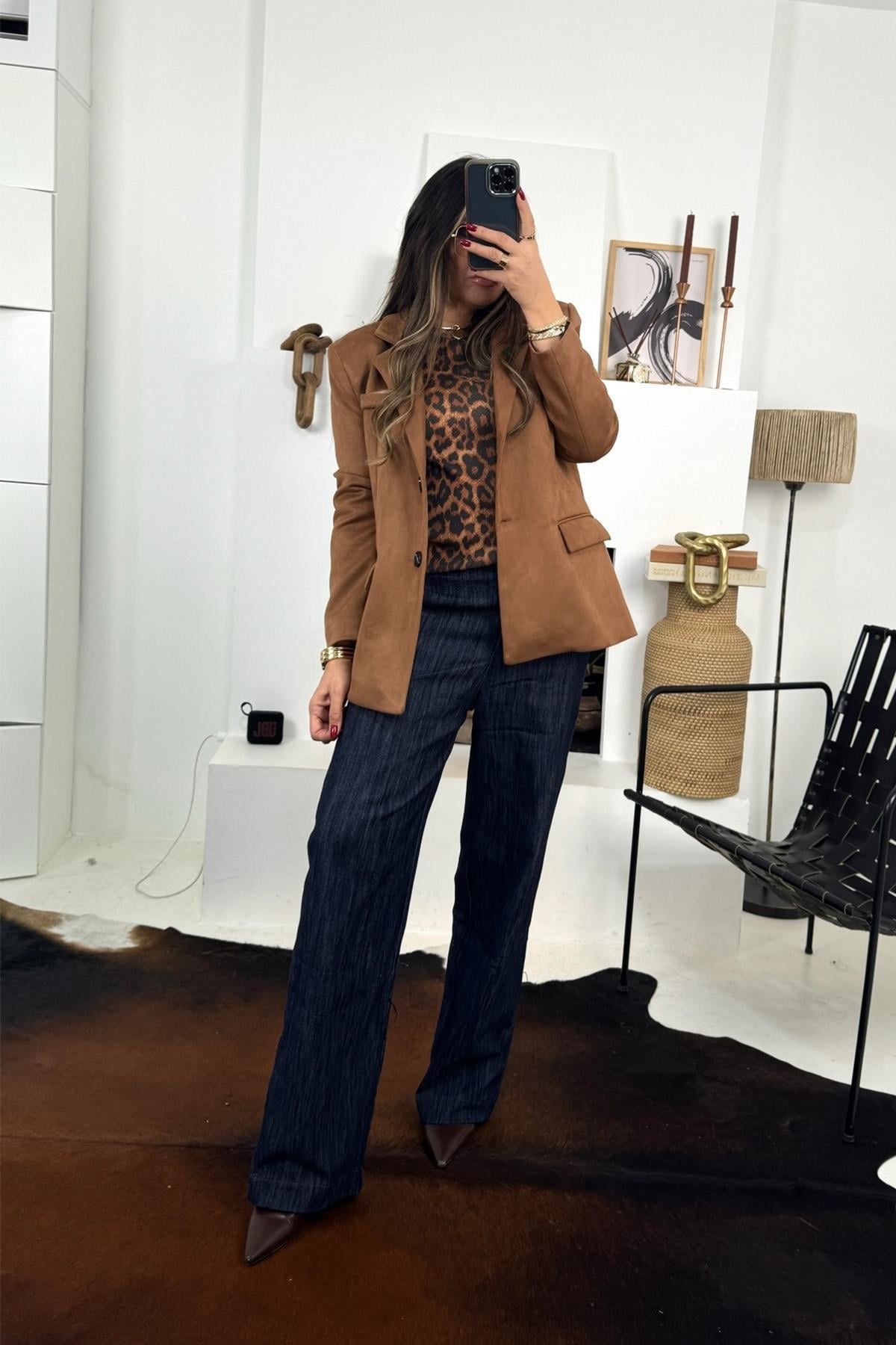 Leopar Desen Basic Triko Taba