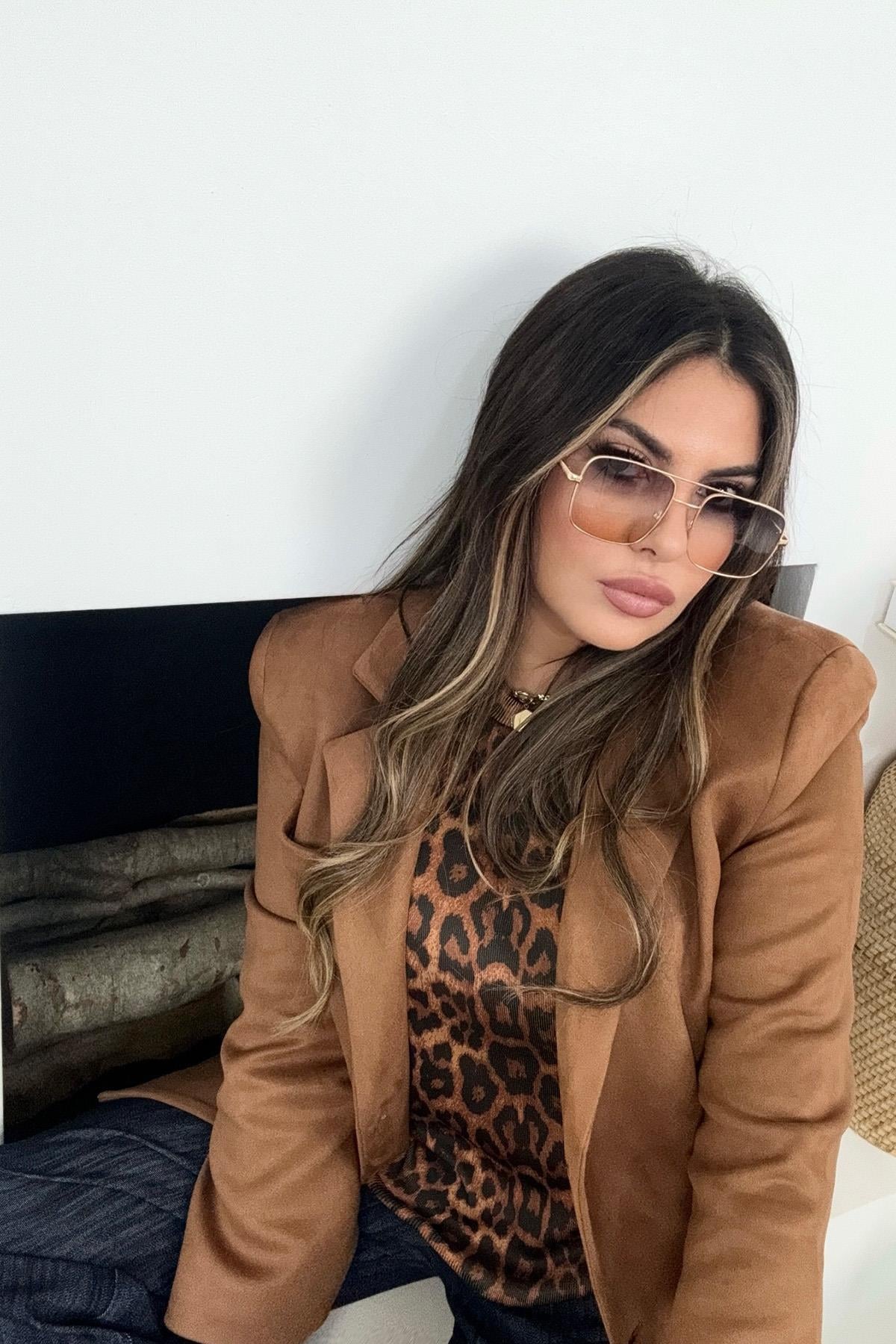 Leopar Desen Basic Triko Taba