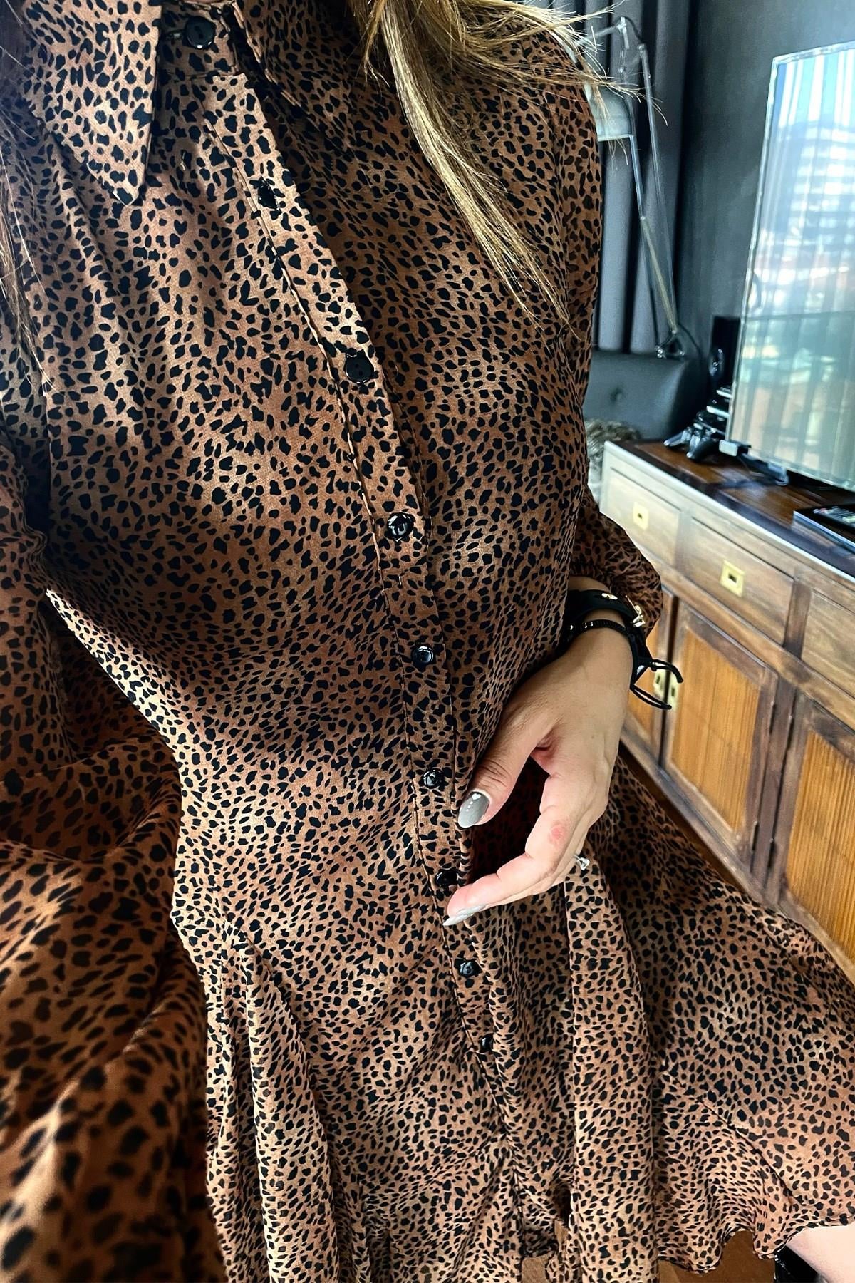 Leopar Dökümlü Gömlek Elbise Kahverengi