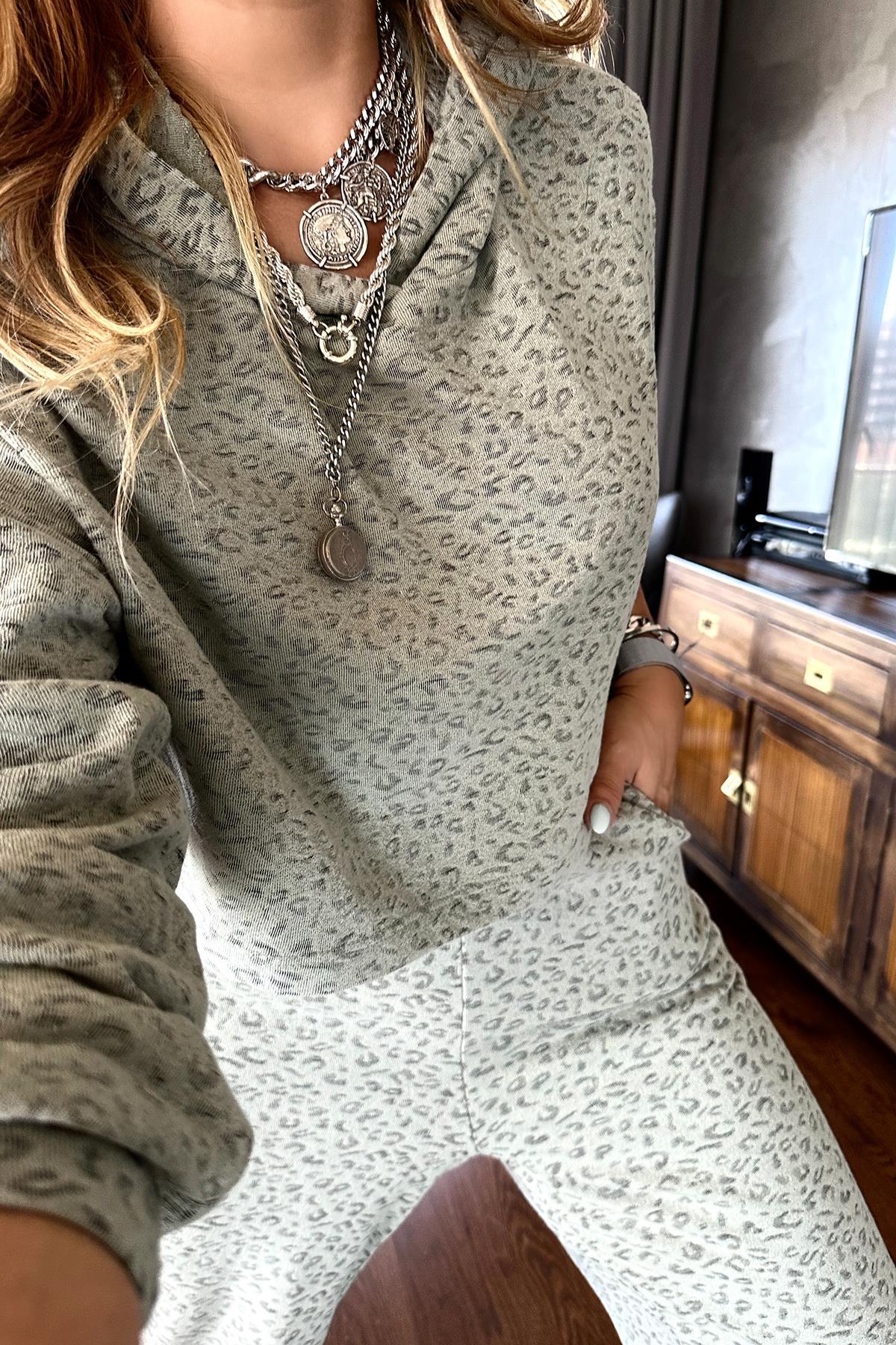 Leopar Jakarlı Kapüşonlu Sweat Takım Çağla Yeşili