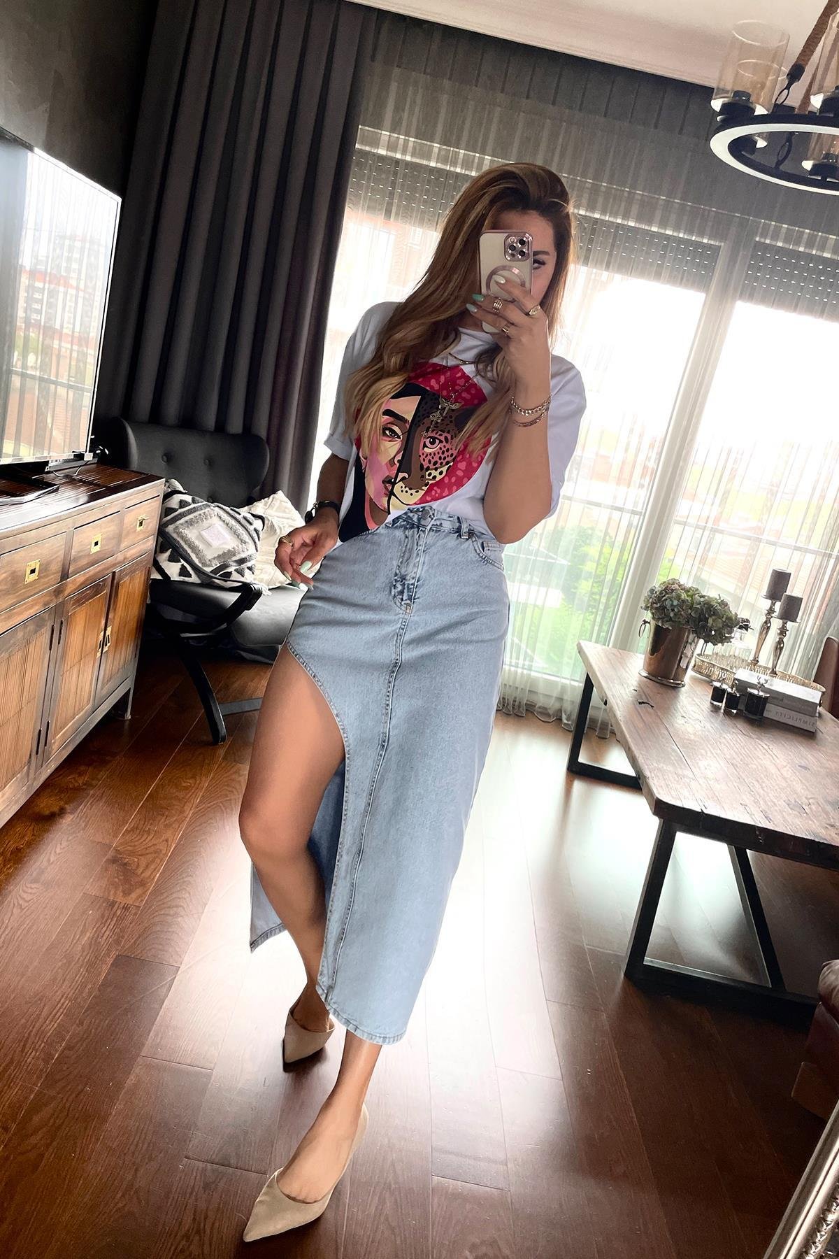 Leopar Kadın Baskı Tshirt Beyaz