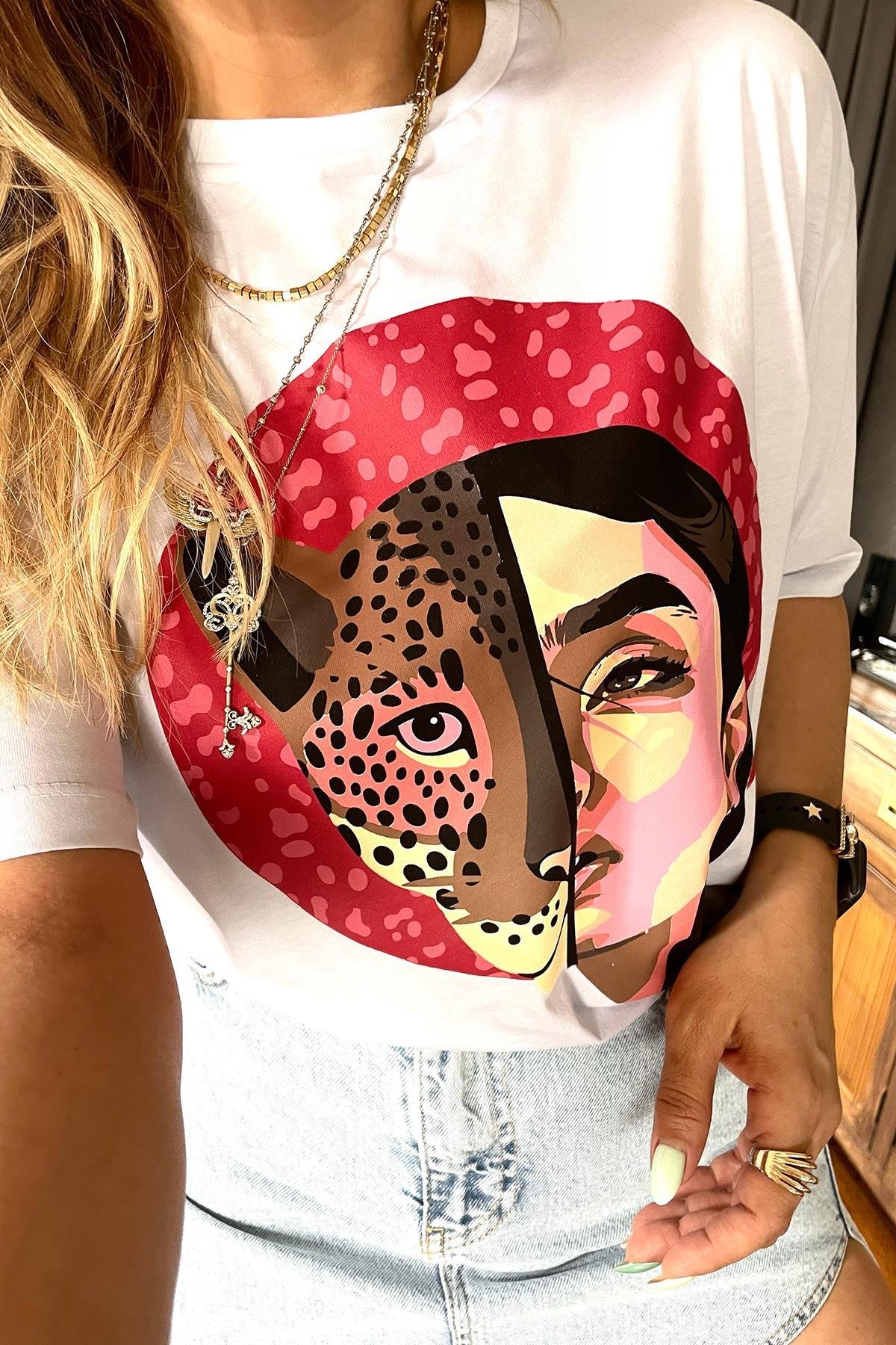 Leopar Kadın Baskı Tshirt Beyaz