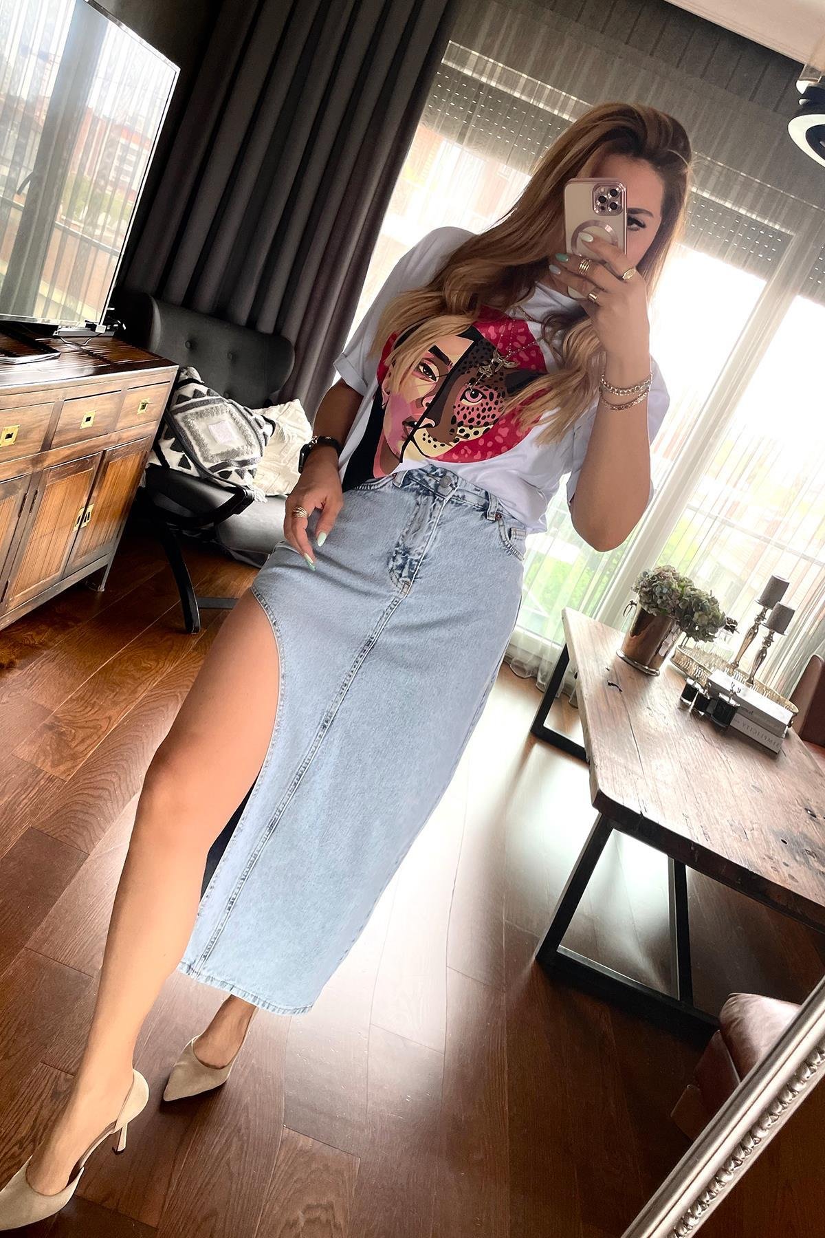 Leopar Kadın Baskı Tshirt Beyaz