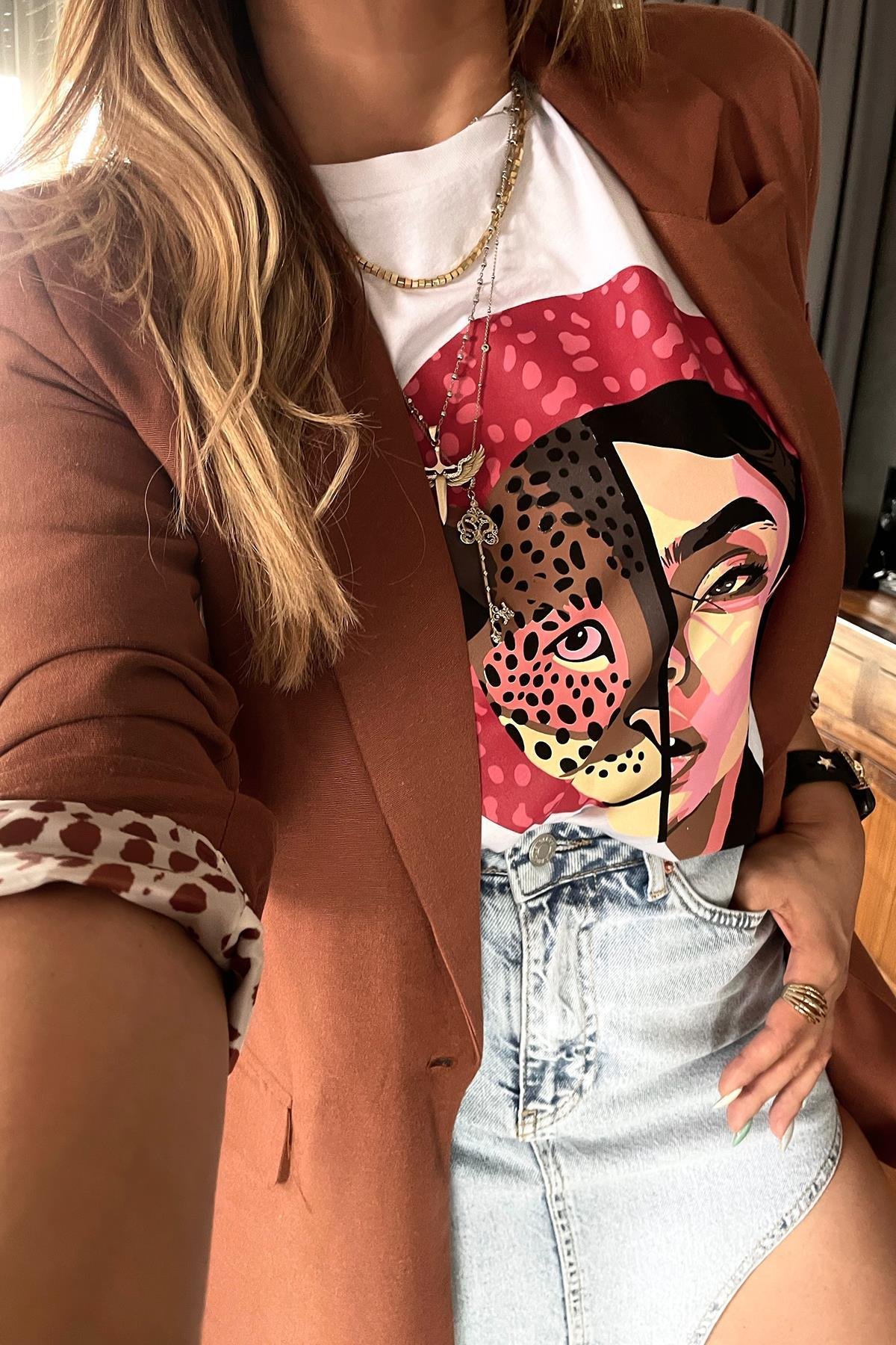 Leopar Kadın Baskı Tshirt Beyaz