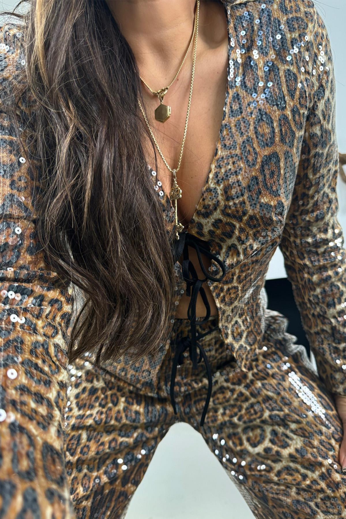 Leopar Payetli Bağçıklı Ceket Taba