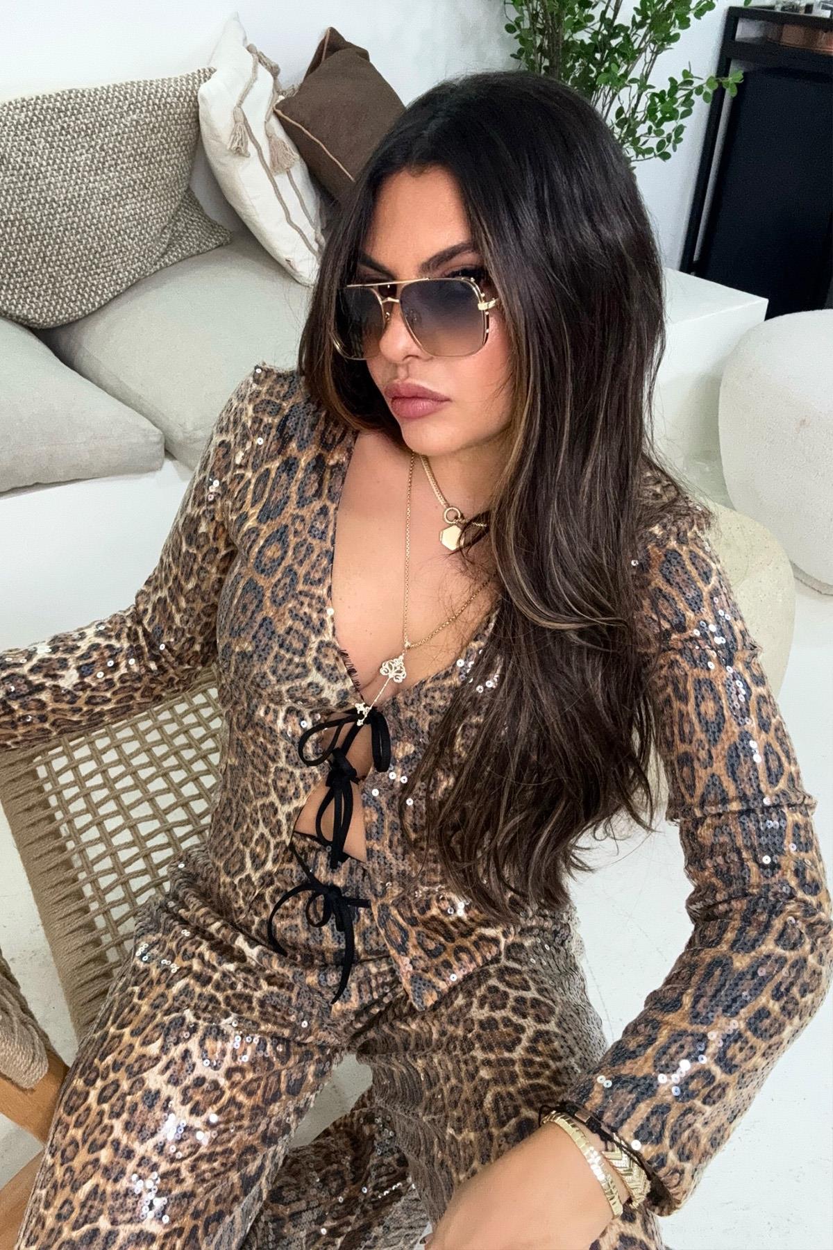 Leopar Payetli Bağçıklı Ceket Taba
