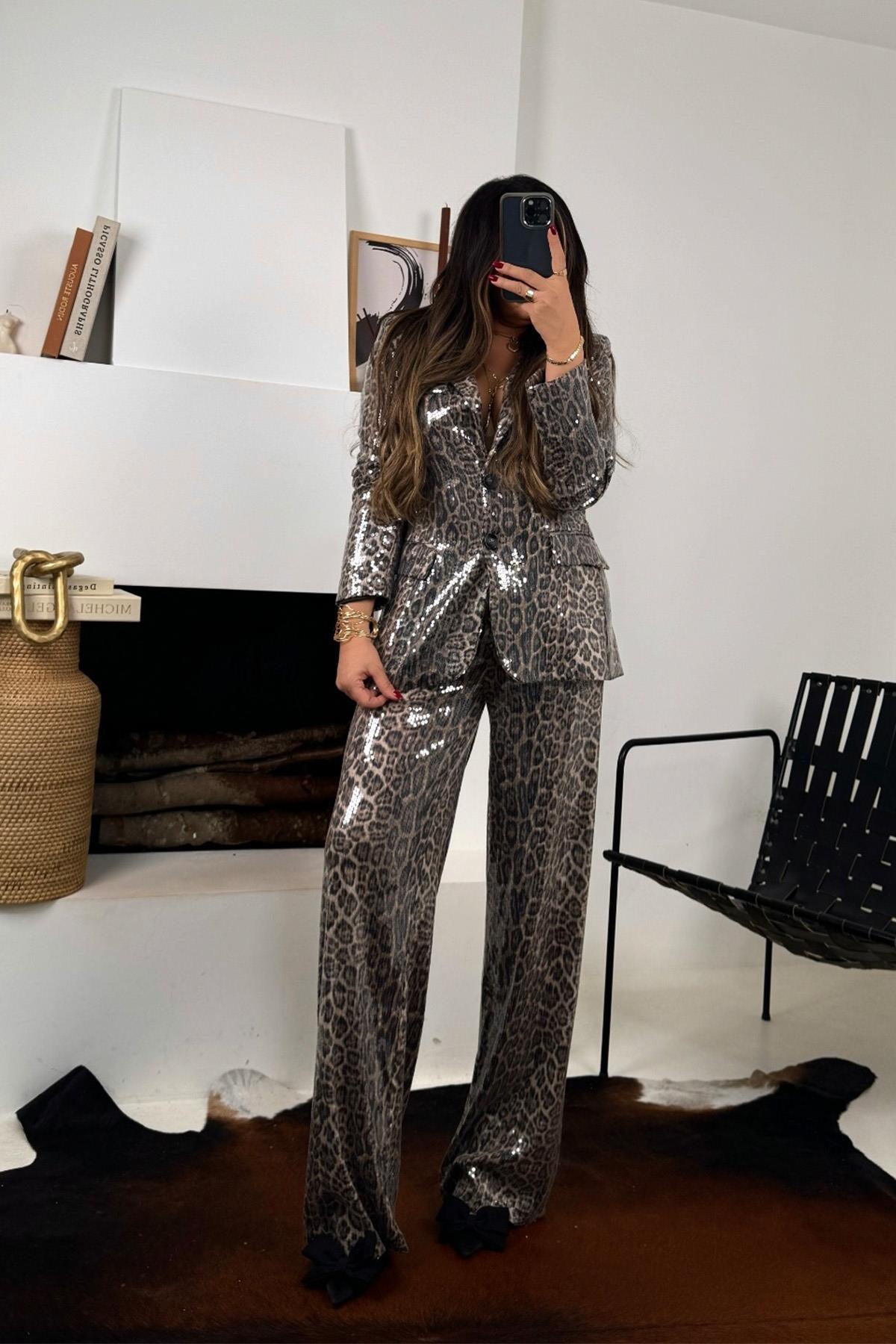 Leopar Payetli Blazer Ceket Siyah